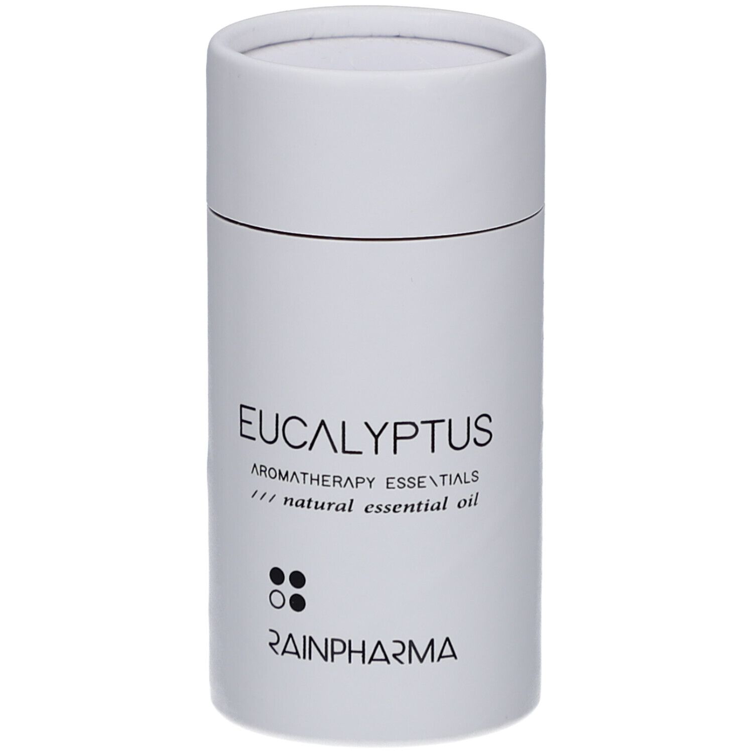 Weiße zylindrische Verpackung. Aufschrift: Eucalyptus, Aromatherapy essentials, RainPharma.