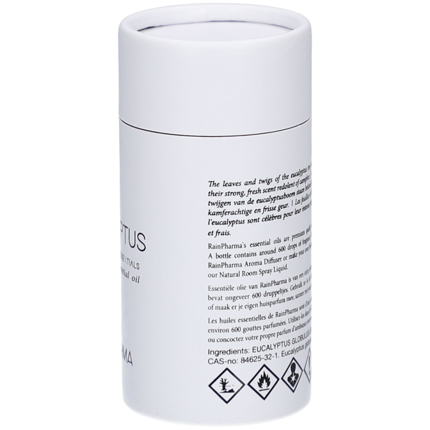 Weiße zylindrische Verpackung. Text: Eucalyptus globulus leaf oil, Text in mehreren Sprachen, Gefahr-Piktogramme.