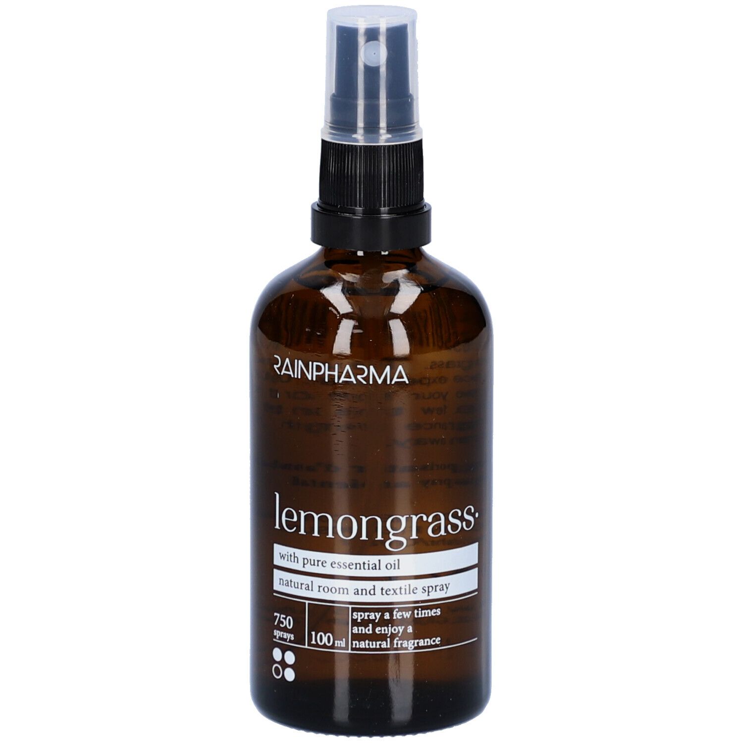 Braune Glasflasche mit Zerstäuber. Beschriftung: Rainpharma, Lemongrass, natürliches Raum- und Textilspray.
