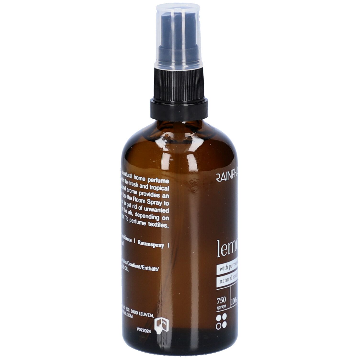 Braune Glasflasche mit Zerstäuber. Beschriftung: Rainpharma, Lemongrass, natürliches Raum- und Textilspray. Rückseite mit Text.