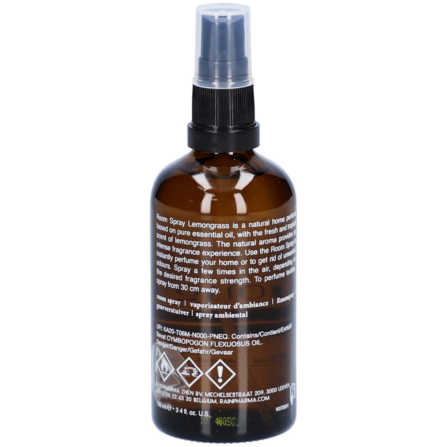 Braune Glasflasche mit Zerstäuber. Rückseite mit Text und Gefahrensymbolen. Beschriftung: Rainpharma, Lemongrass.