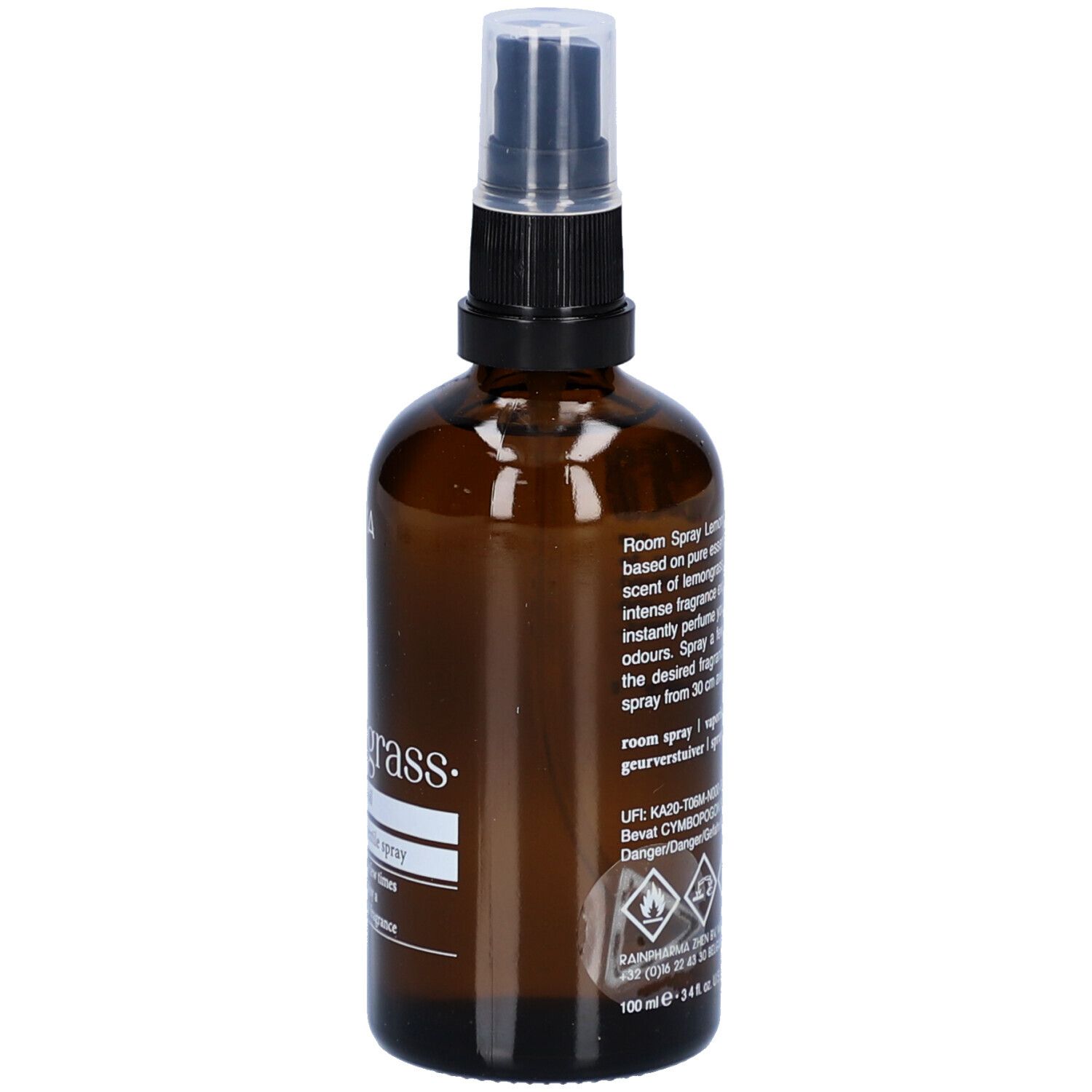 Braune Glasflasche mit Zerstäuber. Rückseite mit Text und Gefahrensymbolen. Beschriftung: Rainpharma, Lemongrass.