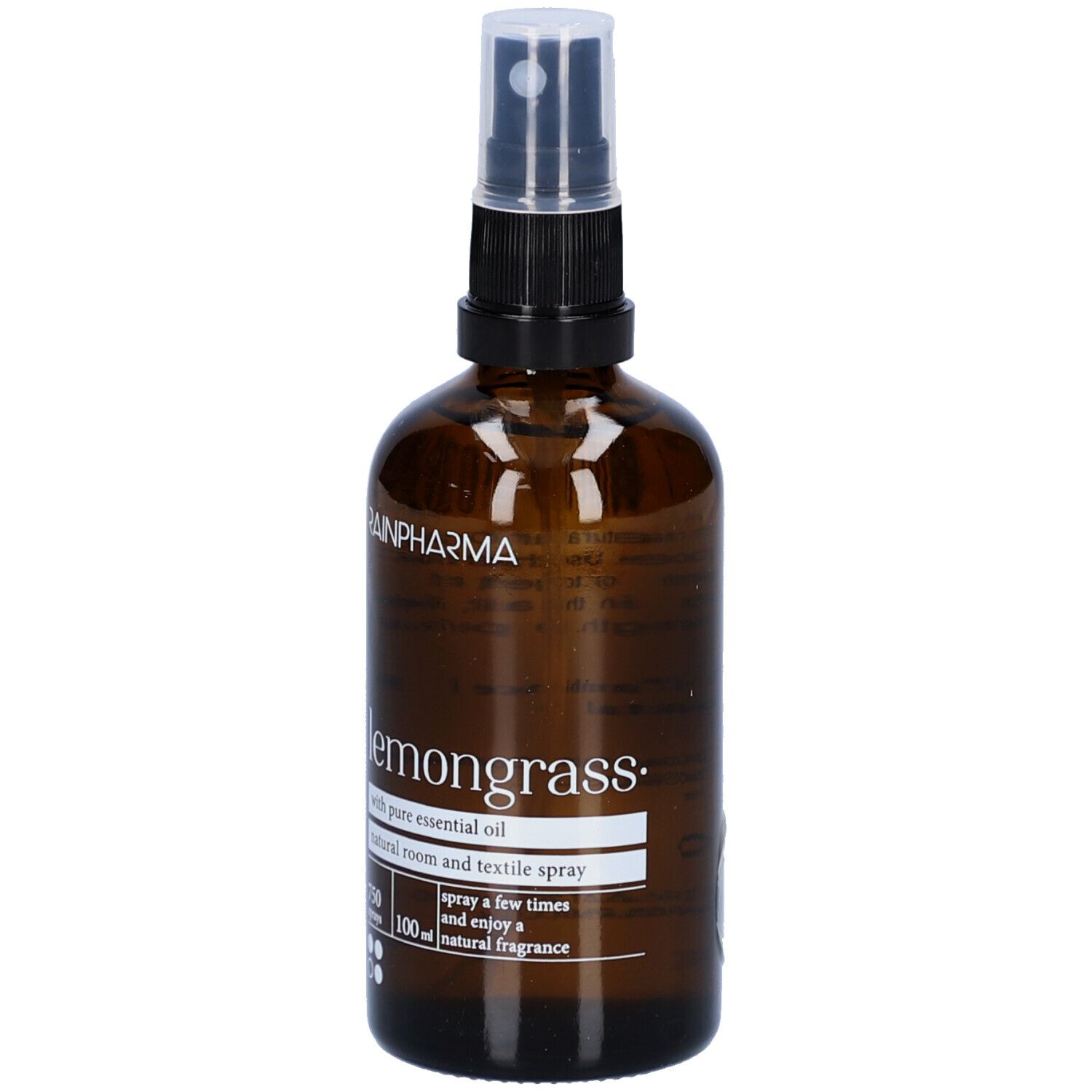 Braune Glasflasche mit Zerstäuber. Beschriftung: Rainpharma, Lemongrass, natürliches Raum- und Textilspray.