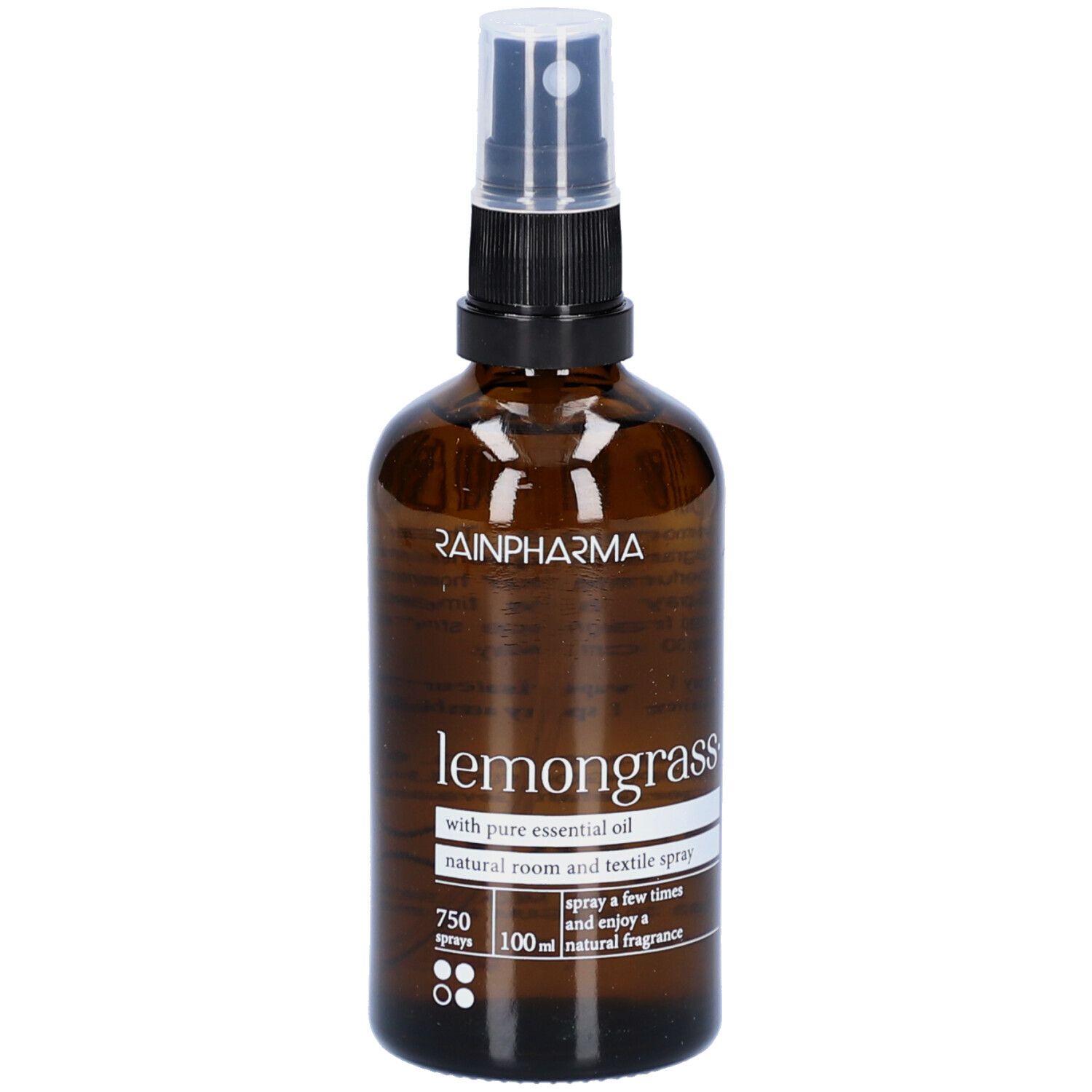 Braune Glasflasche mit Zerstäuber. Beschriftung: Rainpharma, Lemongrass, natürliches Raum- und Textilspray.