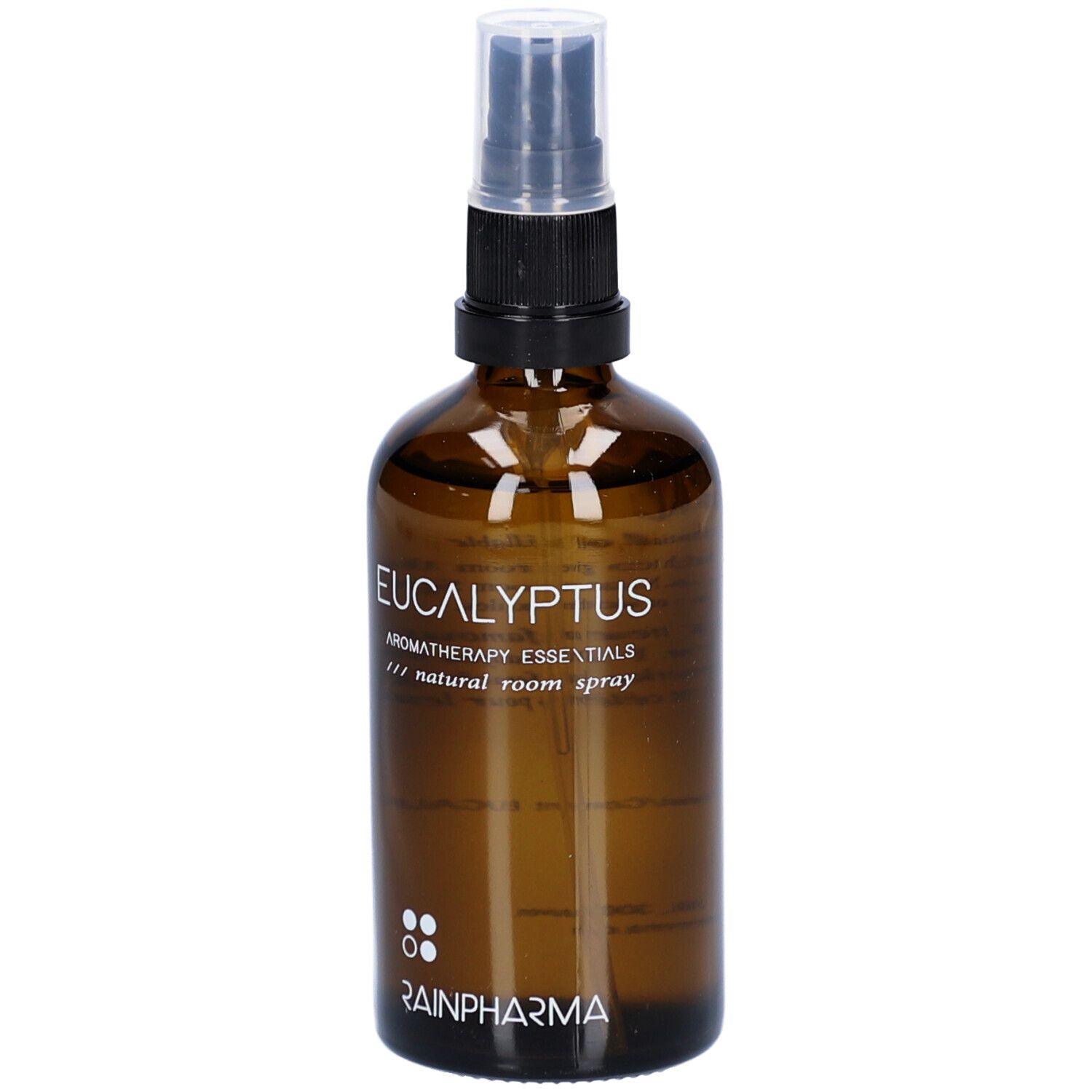 Braune Glasflasche mit Sprühkopf. Aufschrift: Eucalyptus, Aromatherapy Essentials, natural room spray. Logo Rainpharma.