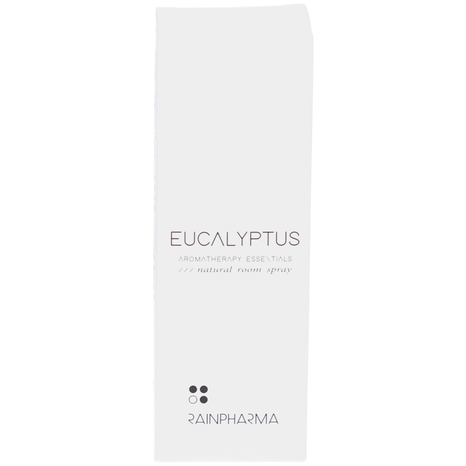 Braune Glasflasche mit Sprühkopf. Aufschrift: Eucalyptus, mit reinem ätherischen Öl. Logo Rainpharma.
