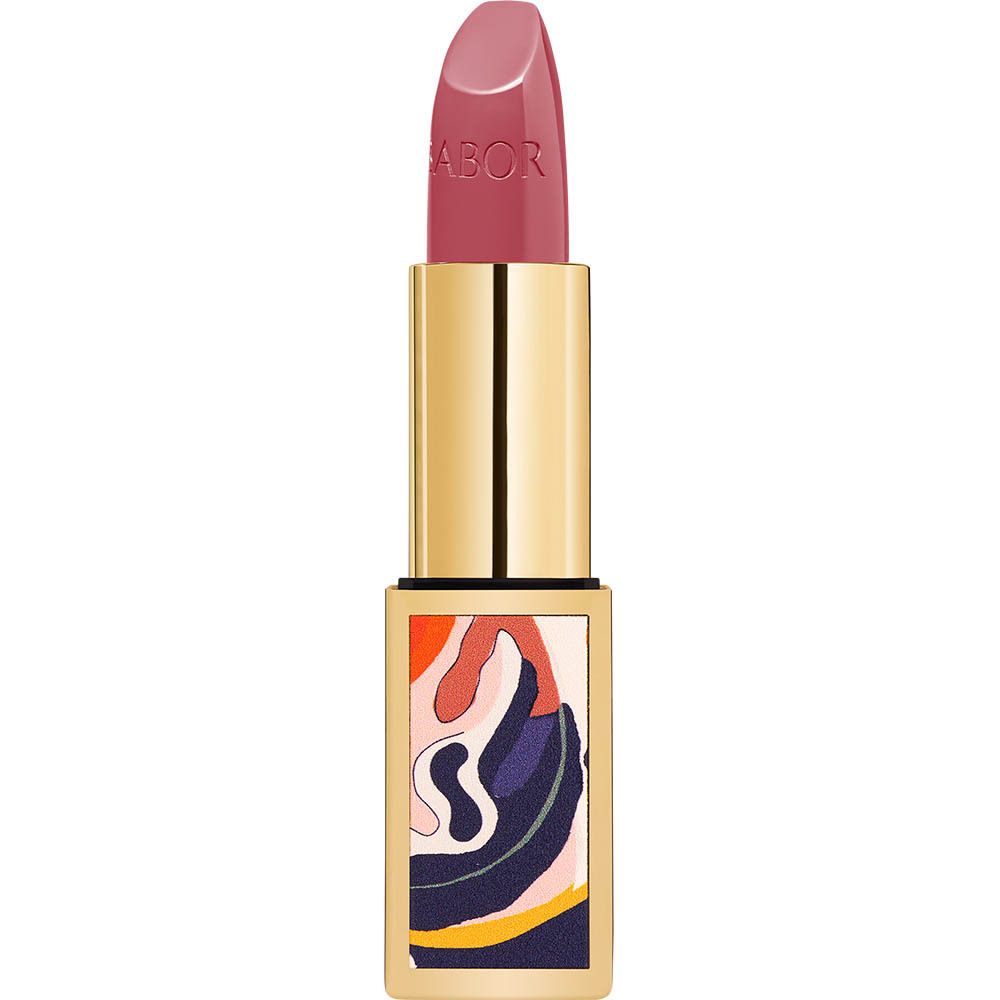 Geöffneter Lippenstift mit goldfarbenen Details und buntem Blattmuster. BABOR-Logo.