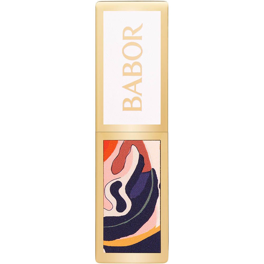 Geschlossene Lippenstift-Hülse mit goldfarbenen Details und buntem Blattmuster. BABOR-Logo.