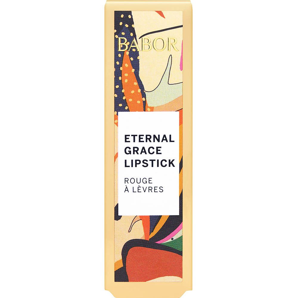 Goldfarbene Verpackung mit Lippenstift und buntem Blattmuster. Text: Eternal Grace Lipstick, BABOR.