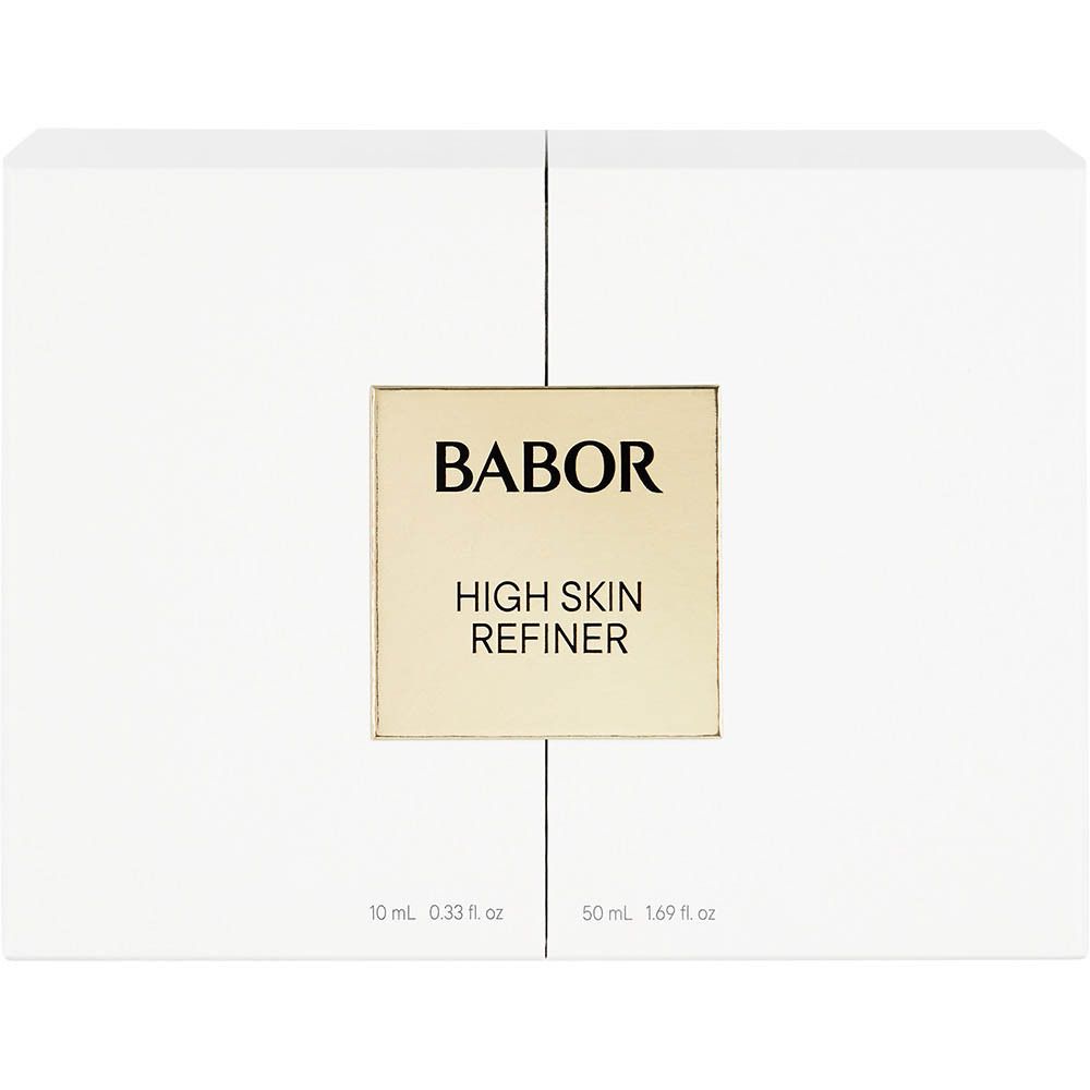 Weiße Geschenkbox mit goldenem Etikett. Aufschrift: BABOR HIGH SKIN REFINER. Zwei Produktgrößen sind angegeben.
