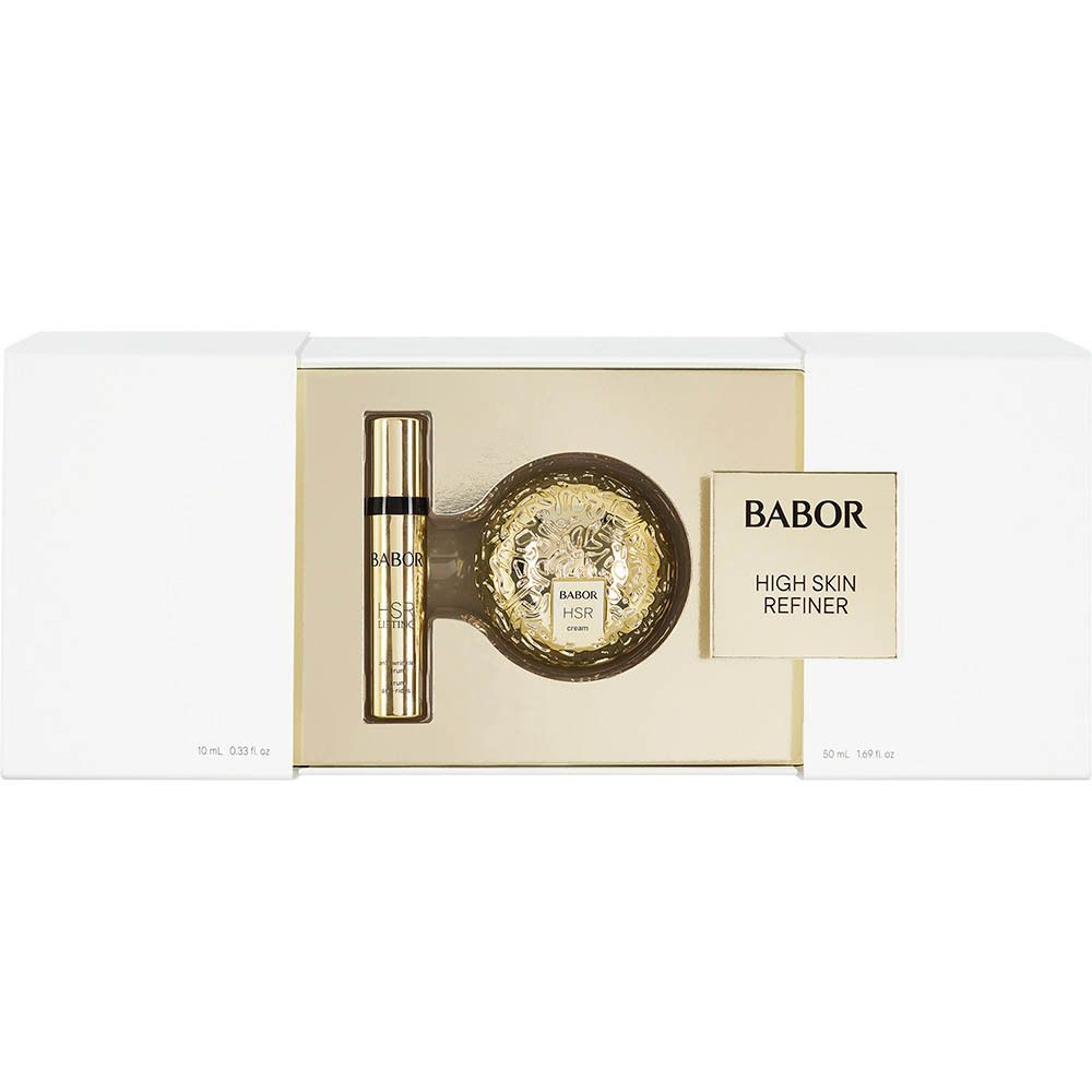 Geschenkbox mit Produkten. Enthält zwei Flakons und eine runde Dose. Aufschrift: BABOR HIGH SKIN REFINER.