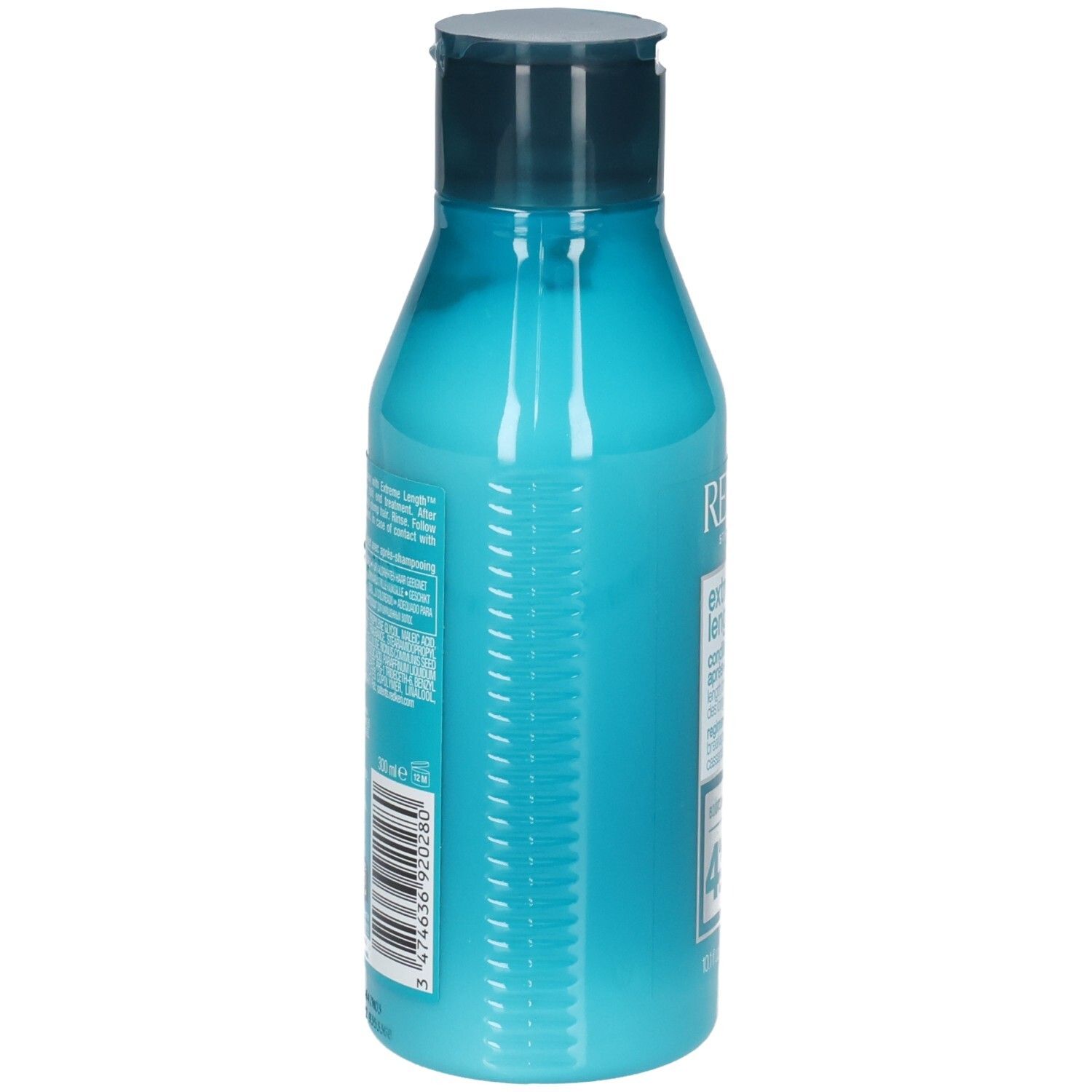 Türkisfarbene Flasche mit Klappdeckel, Etikett mit Barcode und Text.