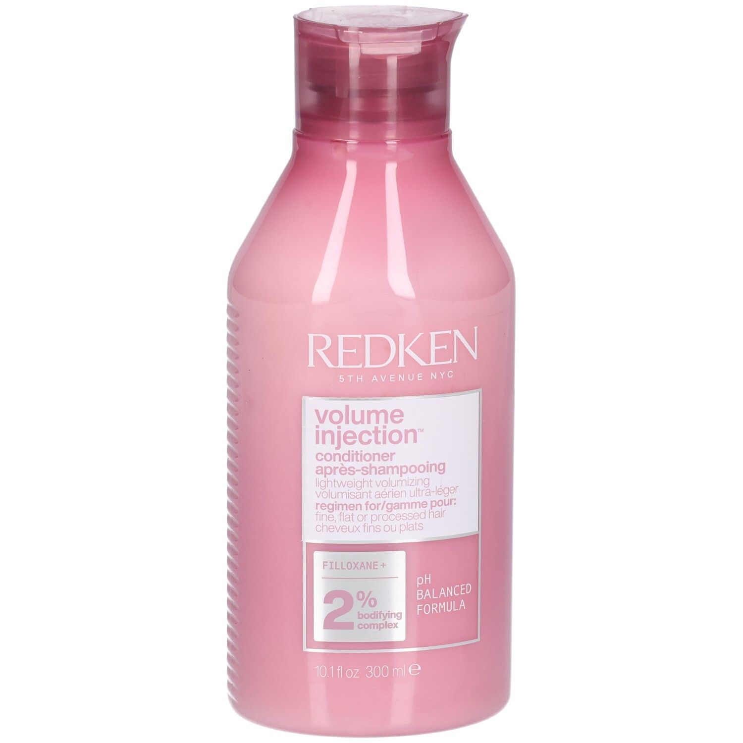 Rosa Flasche mit rotem Deckel. Aufschrift: Redken Volume Injection Conditioner. Enthält 2% Filloxane. pH-ausgeglichene Formel.