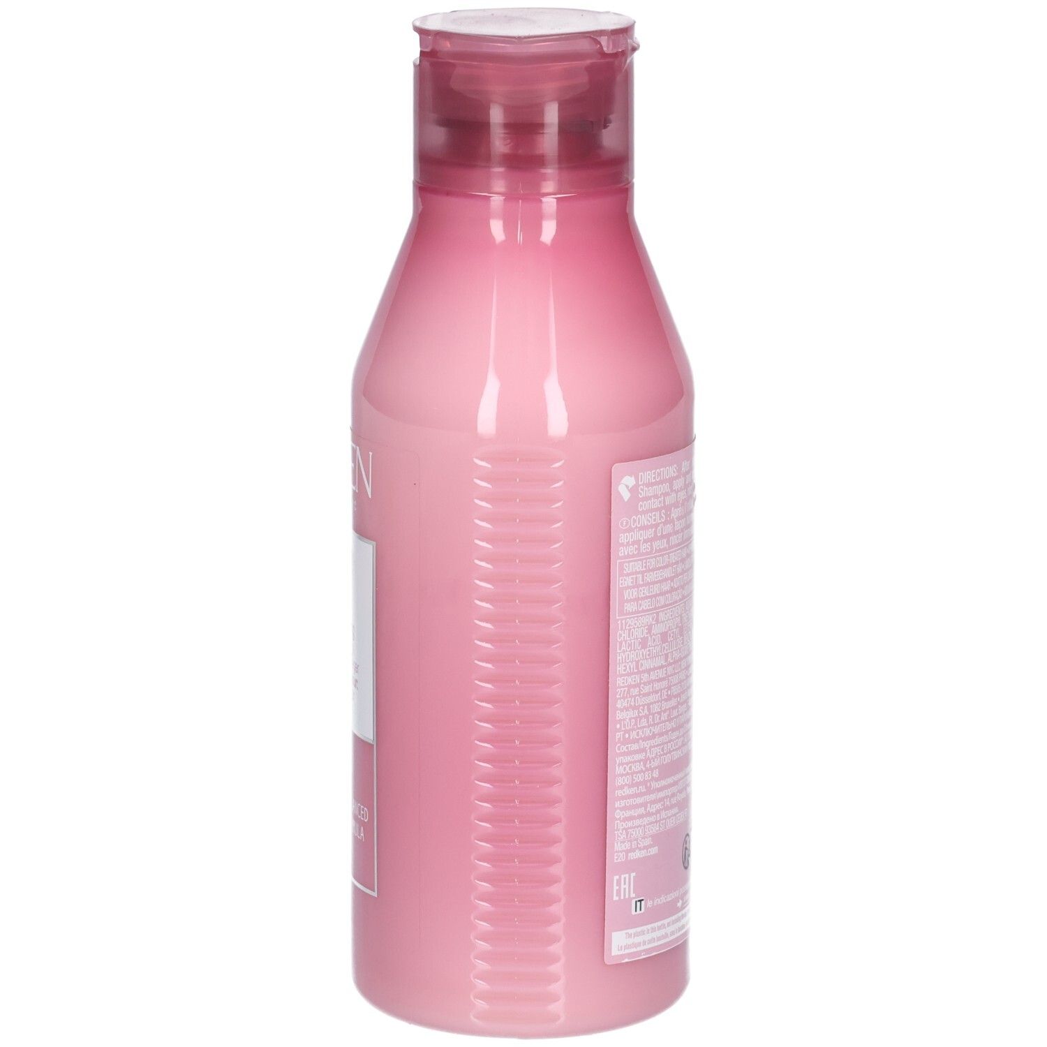 Seitenansicht einer rosa Flasche mit rotem Deckel. Auf der Flasche befinden sich Text und ein Barcode.