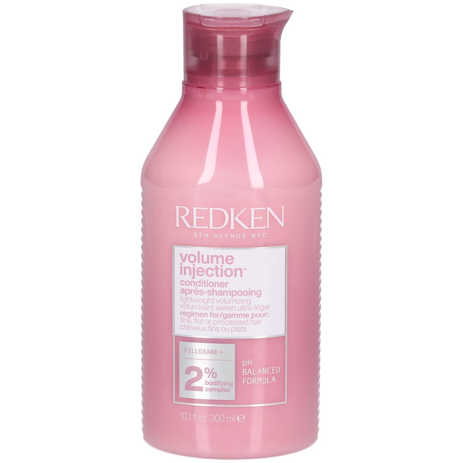 Rosa Flasche mit rotem Deckel. Aufschrift: Redken Volume Injection Conditioner. Enthält 2% Filloxane. pH-ausgeglichene Formel.