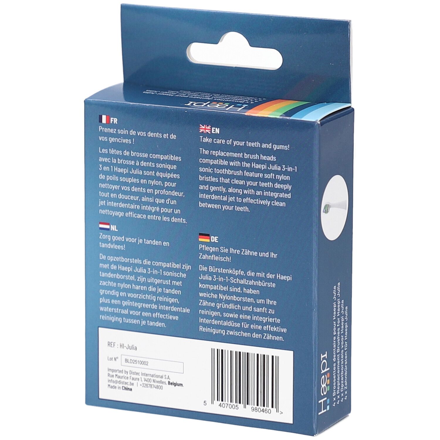 Rückseite der Haepi-Julia Zahnbürstenaufsätze-Verpackung. Text in mehreren Sprachen.