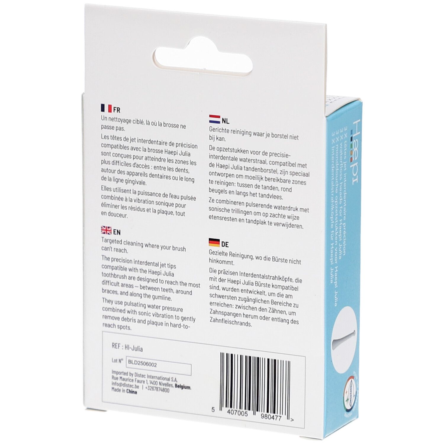 Rückseite der Verpackung mit Informationen in Deutsch, Französisch, Niederländisch und Englisch. Marke Haepi.