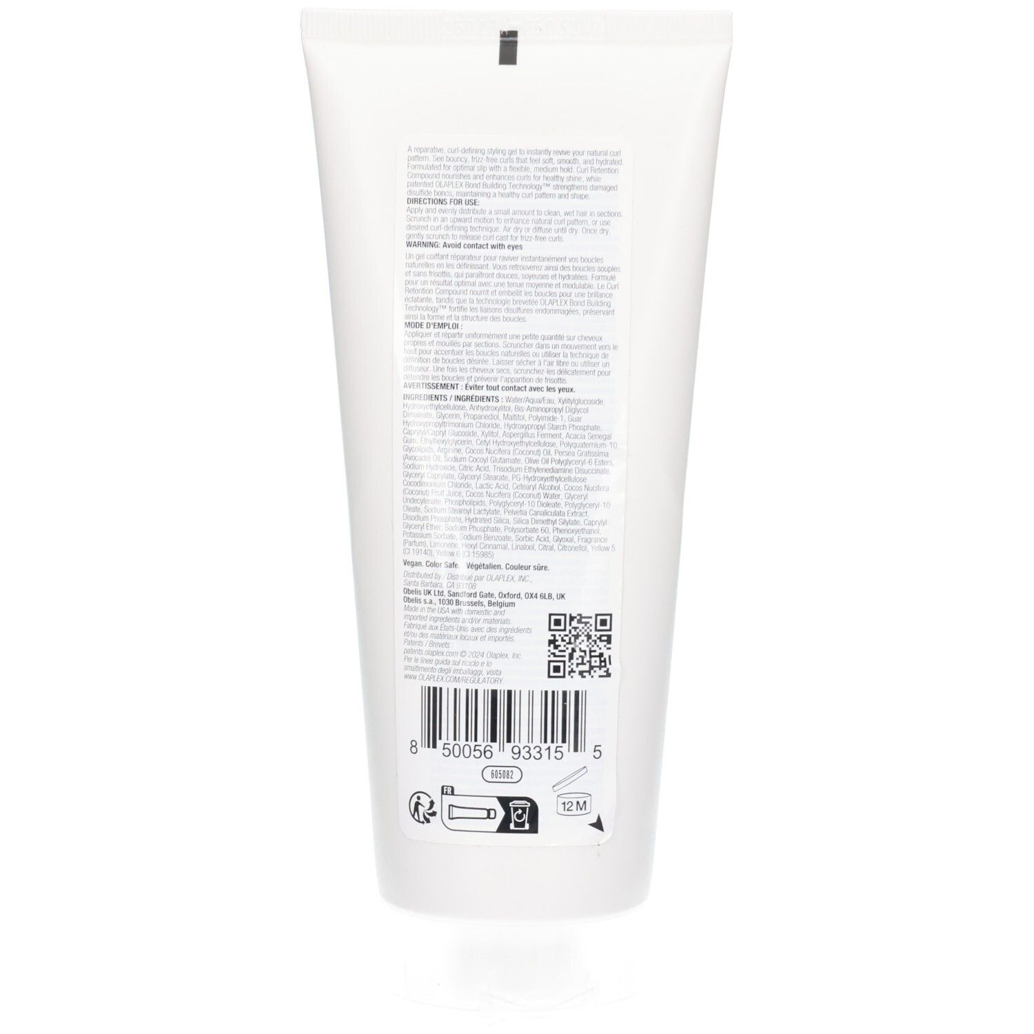 Rückseite einer weißen Tube mit Olaplex Nº10 Locken-Definierendem Gel. Enthält Anwendungshinweise und Inhaltsstoffe. 200 ml.