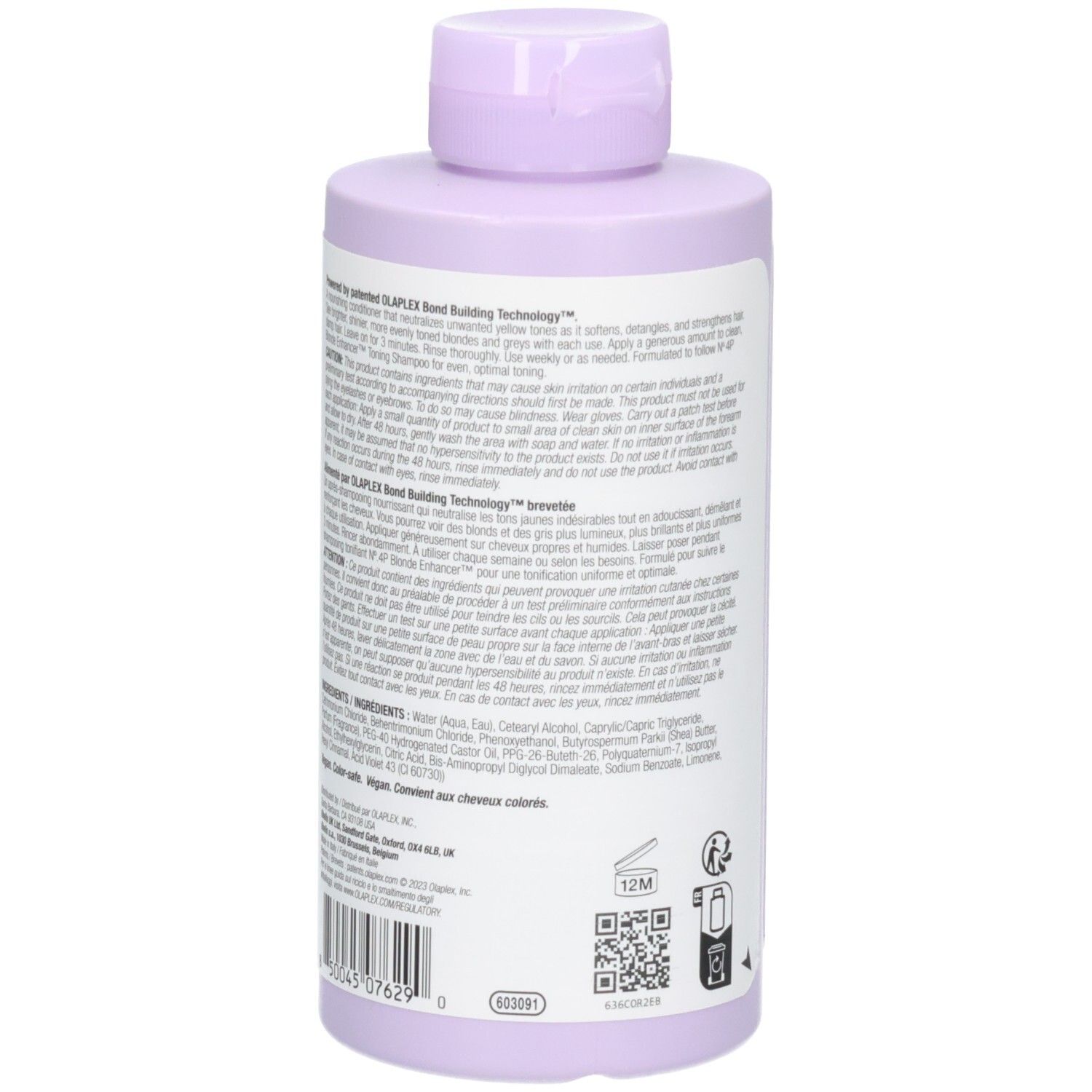 Bouteille violette contenant Olaplex No. 0 Hair Perfector avec instructions en anglais/français/italien/néerlandais.