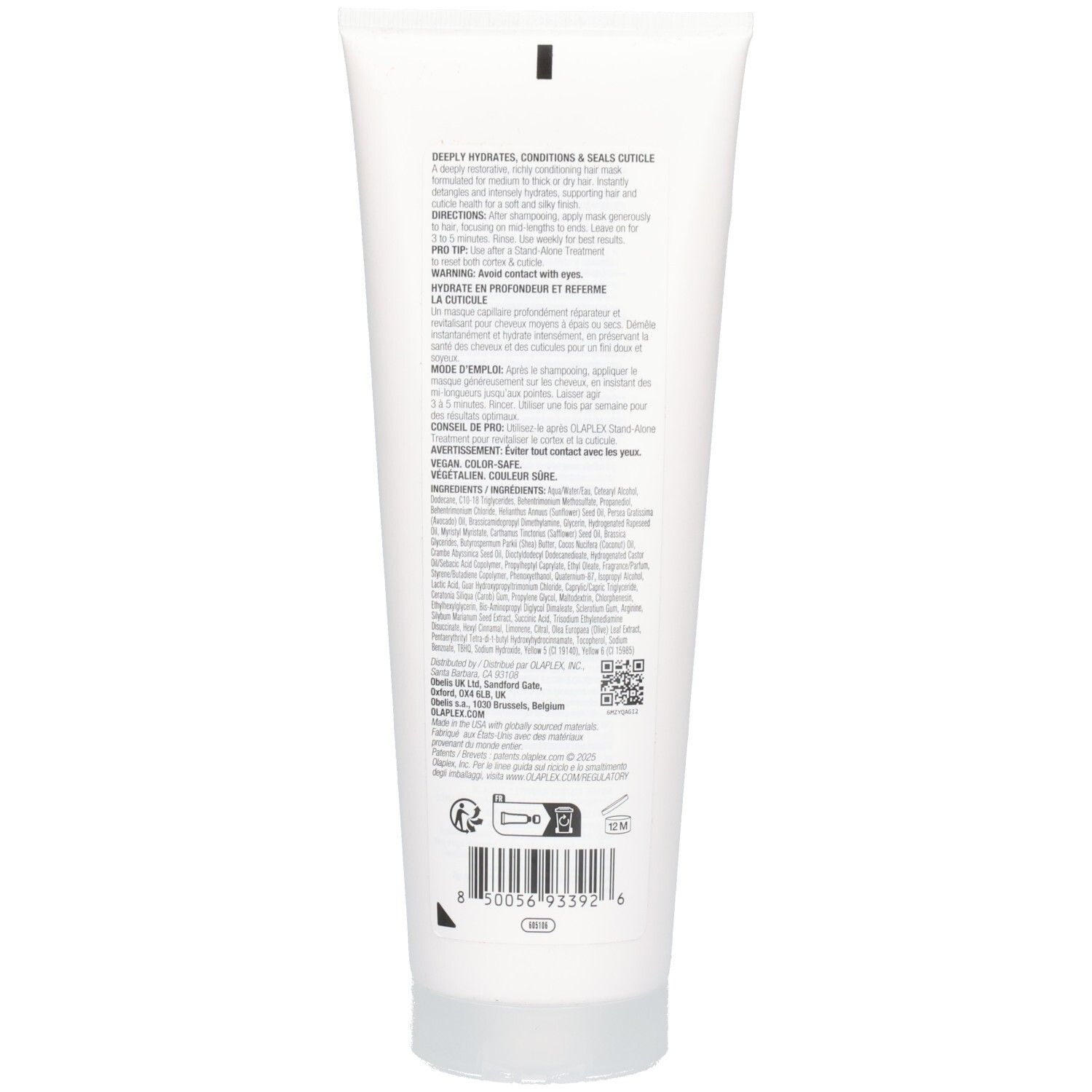 Rückseite der Olaplex Rich Hydration Mask Tube mit Inhaltsstoffen und Anwendungshinweisen.