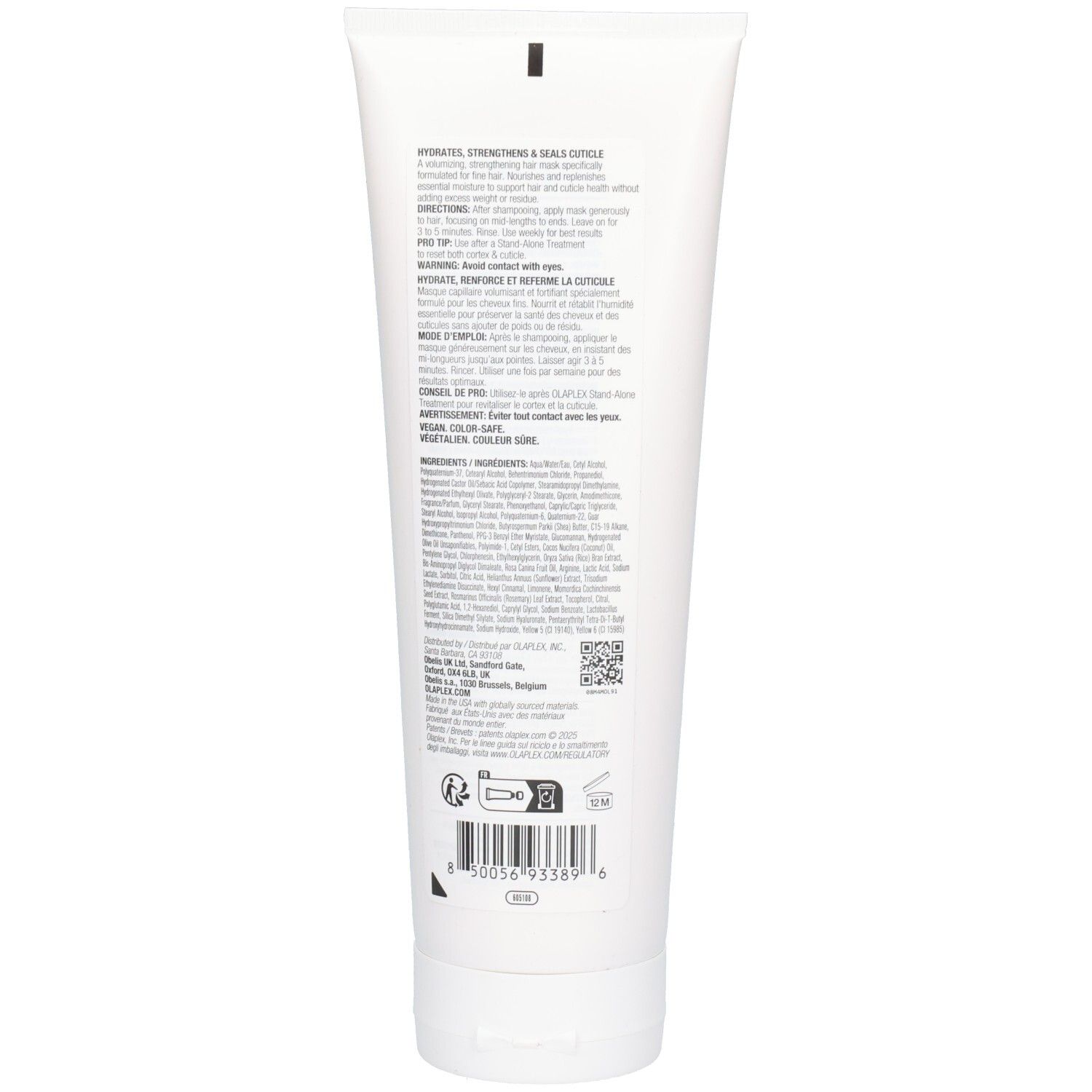 Tube blanc avec informations produit et code-barres.