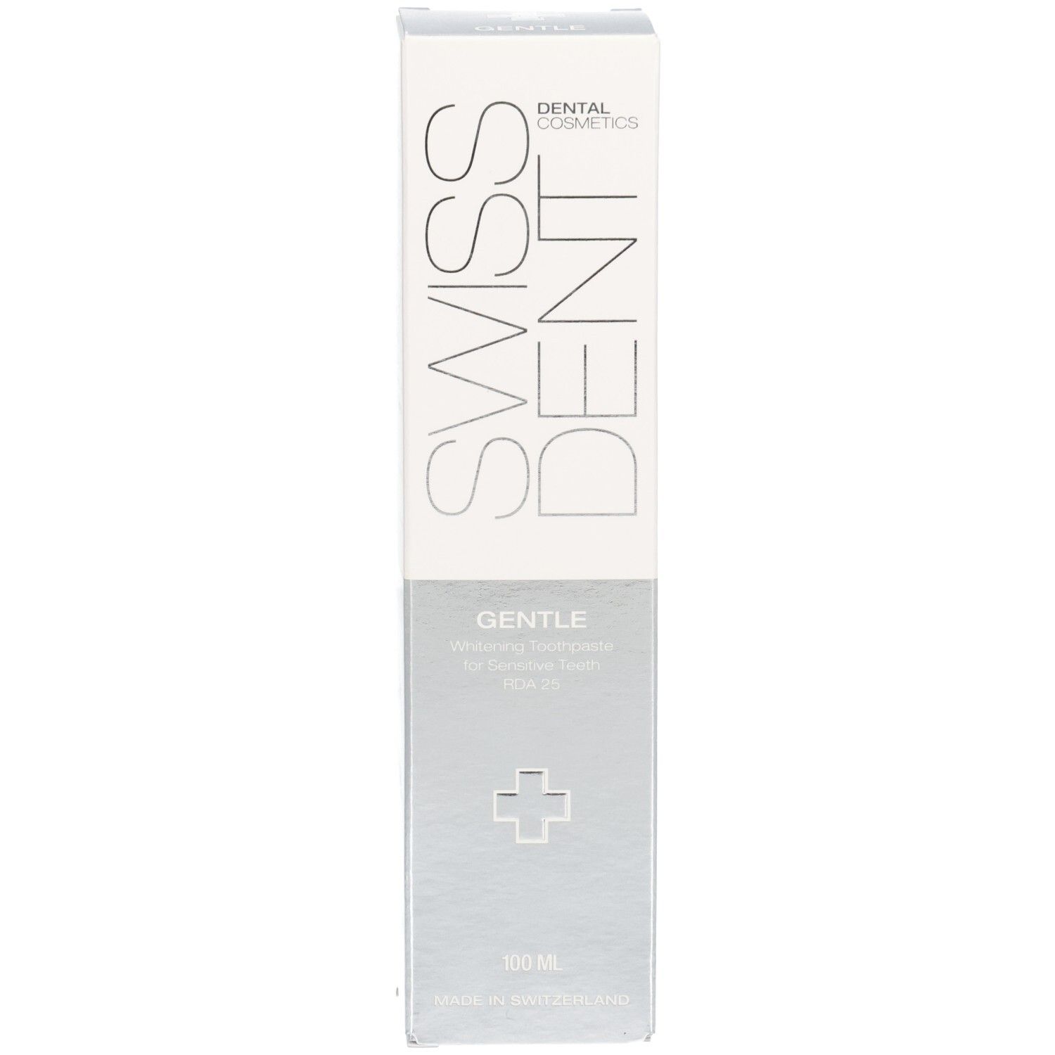 Swiss Dent Gentle Zahnpasta-Verpackung mit weißem und silbernem Design. Enthält 100 ml.