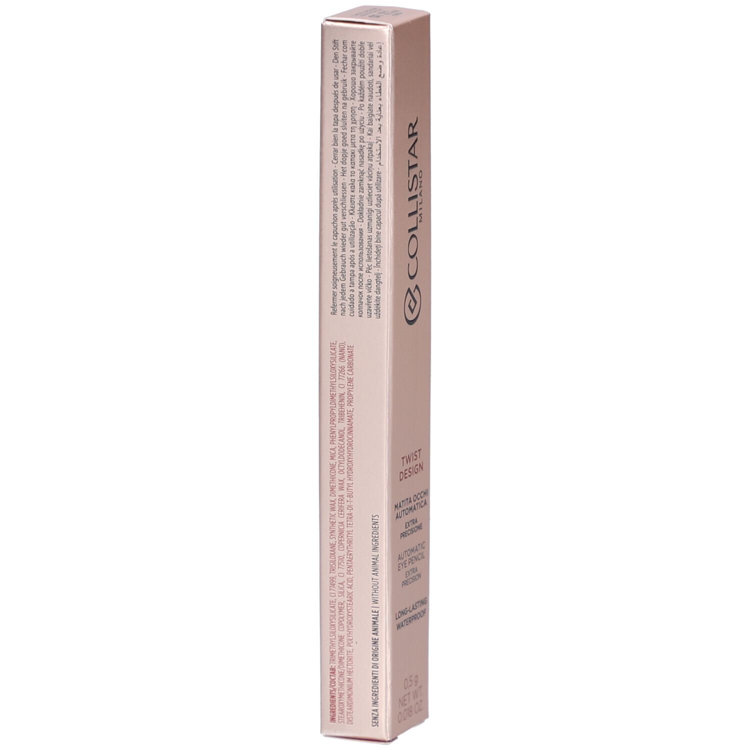 Rosa Verpackung mit Text. Rückseite mit Produktinformationen und Inhaltsstoffen. Collistar Milano, Twist Design, Matita Occhi Automatica.