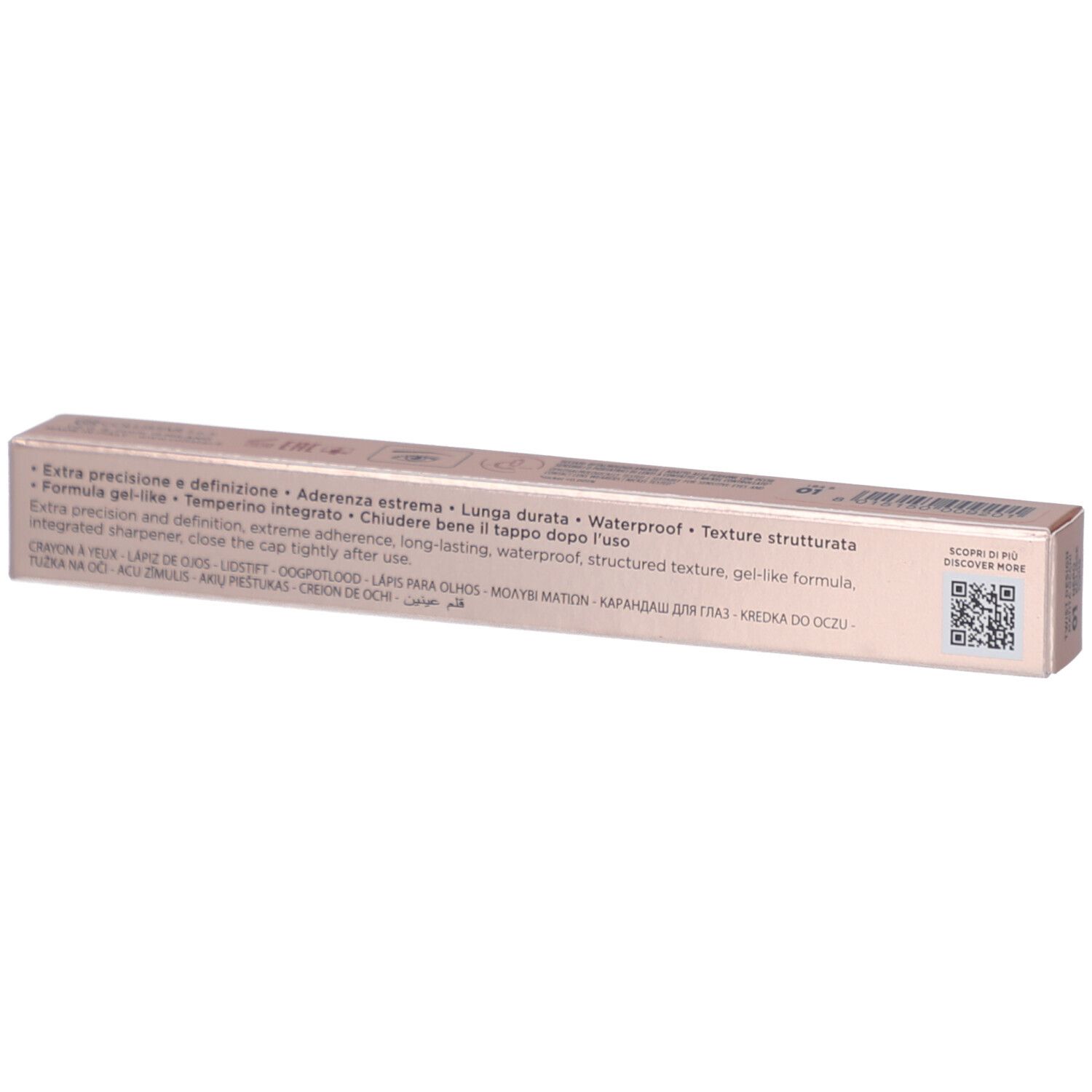 Draufsicht auf die rosa Verpackung. Text: Extra precision and definition, extreme adherence, long-lasting, waterproof, structured texture.