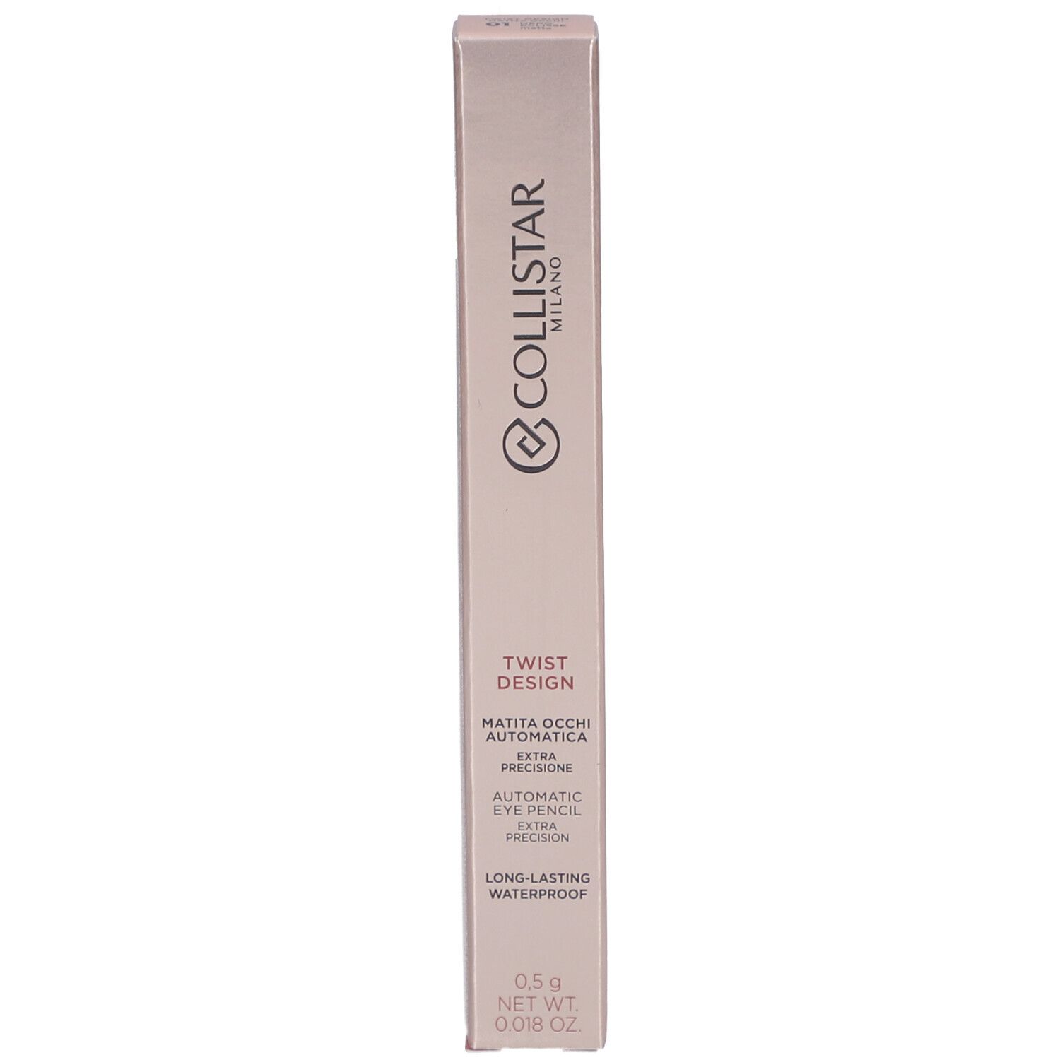 Rosa Verpackung mit Collistar-Logo und Produktbezeichnung. Text: Twist Design, Matita Occhi Automatica, Automatic Eye Pencil, Long-lasting Waterproof.