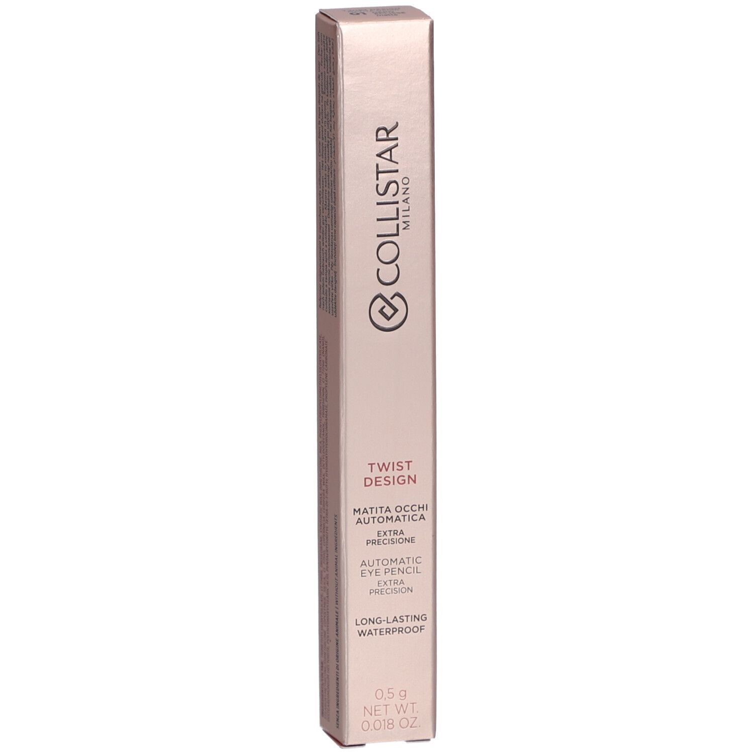 Rosa Verpackung mit Collistar-Logo und Produktbezeichnung. Text: Twist Design, Matita Occhi Automatica, Automatic Eye Pencil, Long-lasting Waterproof.