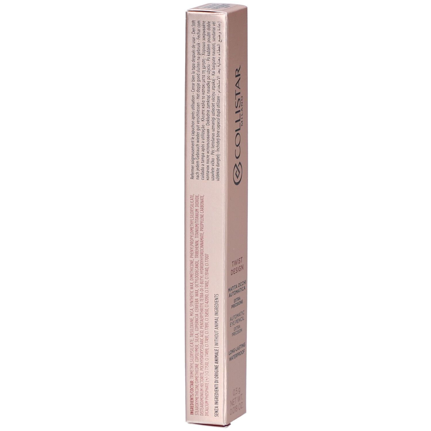 Collistar Milano Twist Design Crayon Yeux. Rosa Verpackung. Rückseite mit Text. Inhaltsstoffe, Informationen.