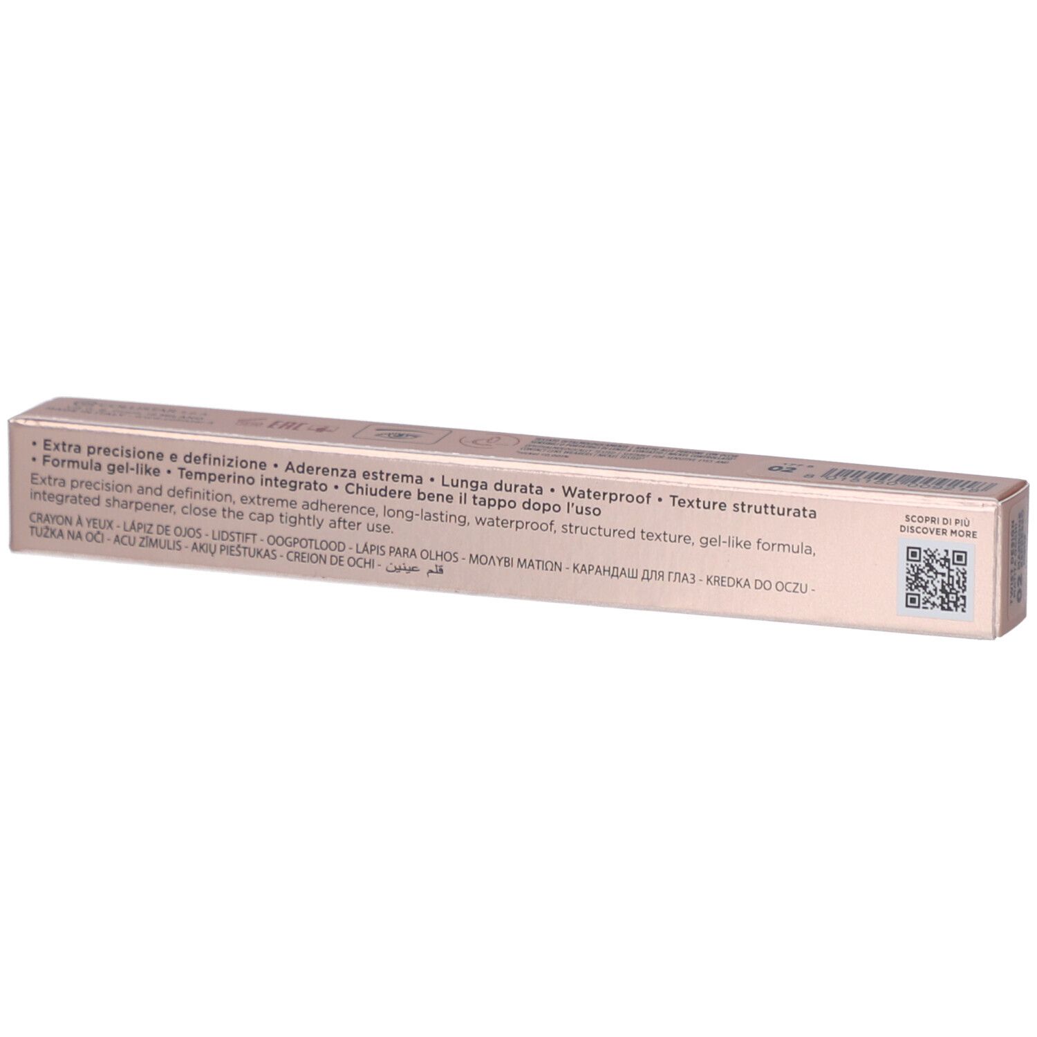 Collistar Milano Twist Design Crayon Yeux. Rosa Verpackung. Text: Extra precision, Long-lasting, Waterproof. QR-Code.