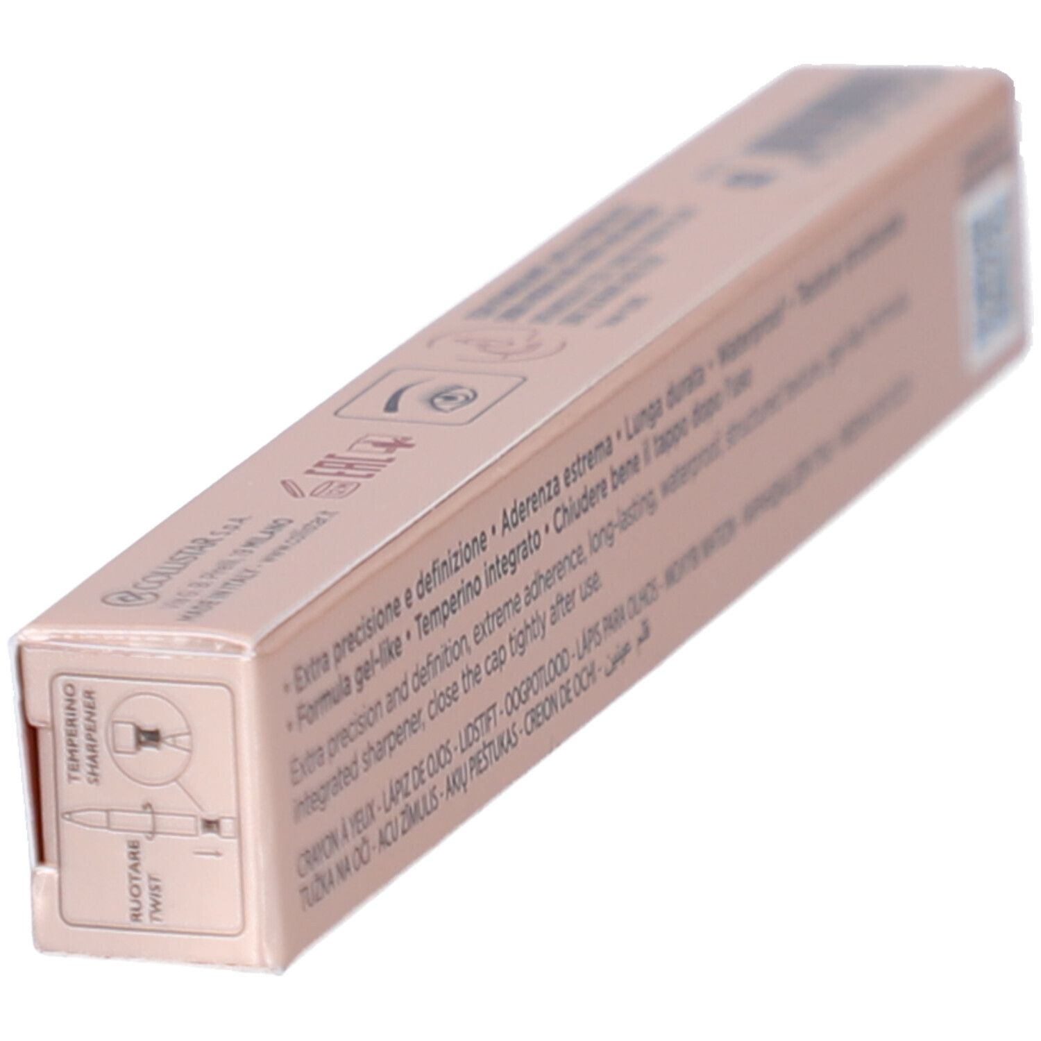 Collistar Milano Twist Design Crayon Yeux. Rosa Verpackung. Detail: integrierter Spitzer. Anleitung.