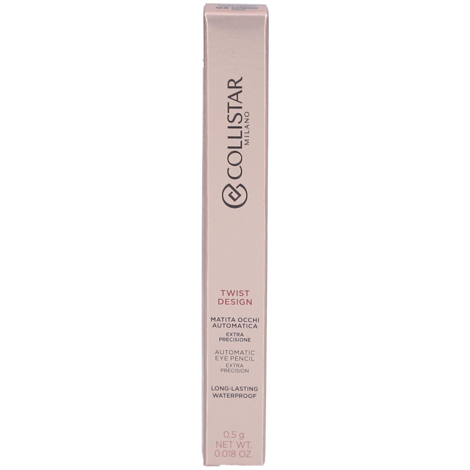 Collistar Milano Twist Design Crayon Yeux. Rosa Verpackung. Text: Automatic Eye Pencil, Long-lasting Waterproof. 0.5g.