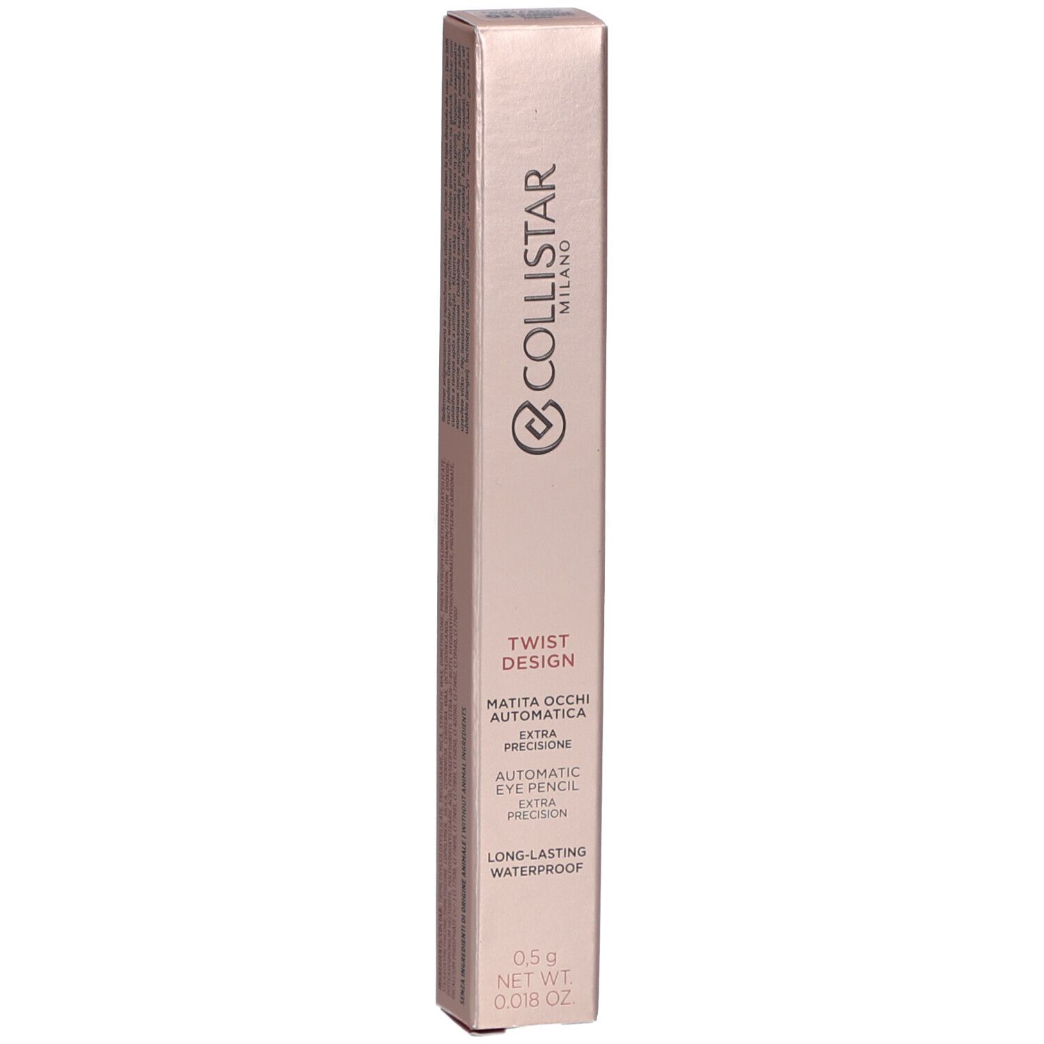 Collistar Milano Twist Design Crayon Yeux. Rosa Verpackung. Text: Automatic Eye Pencil, Long-lasting Waterproof. 0.5g.