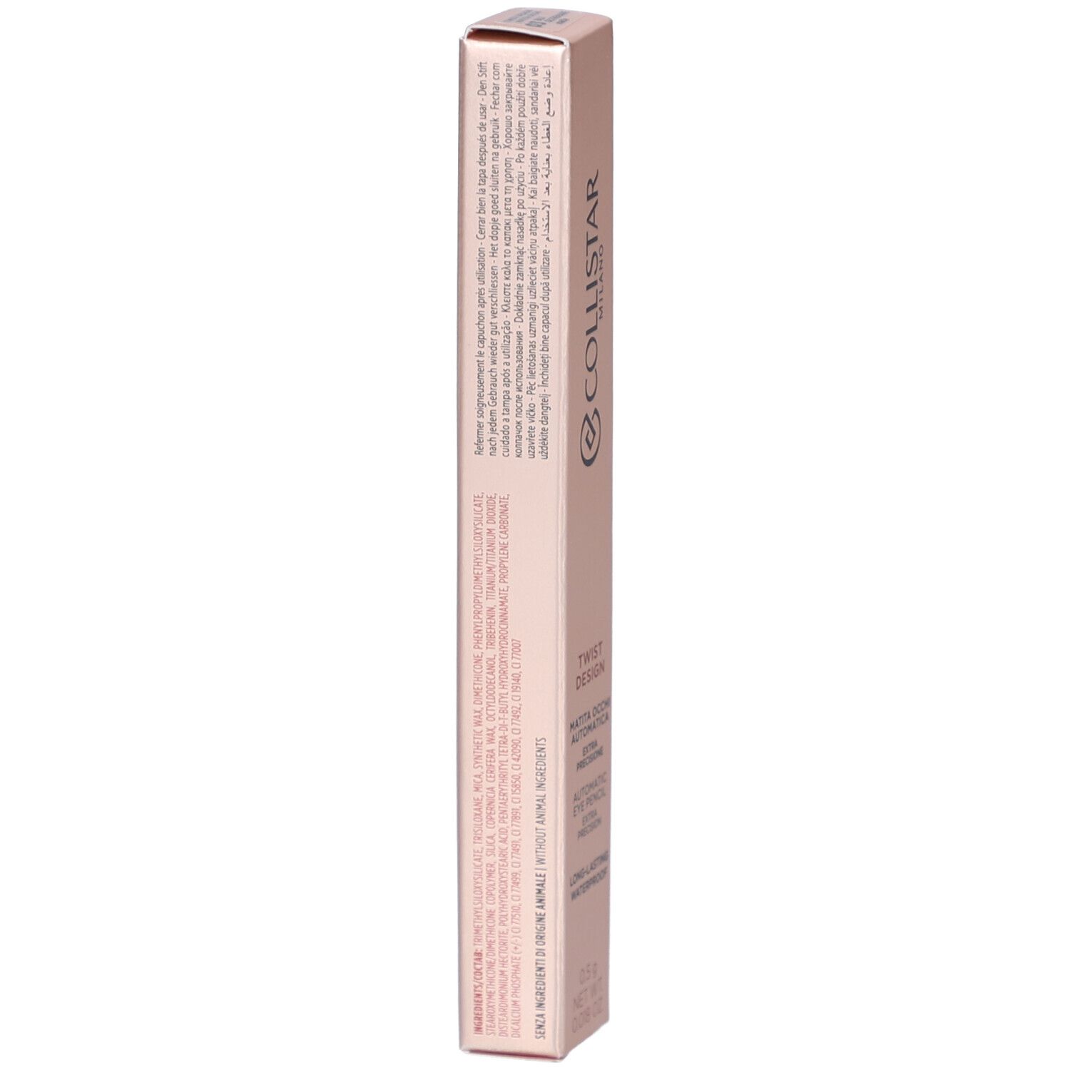 Collistar Twist Design Crayon Yeux Verpackung. Rosa. Text und Inhaltsstoffe. Rückseite. Lange, schmale Form.