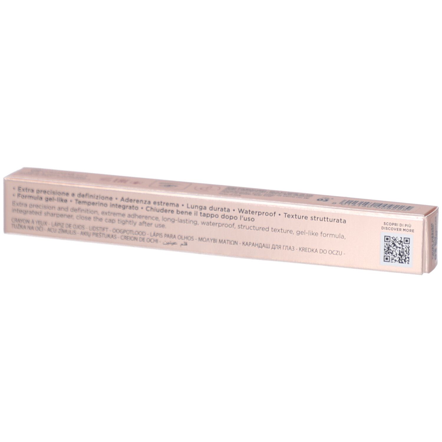 Collistar Twist Design Crayon Yeux Verpackung. Rosa. Text: Extra Präzision, lange Haltbarkeit, wasserfest. QR-Code.