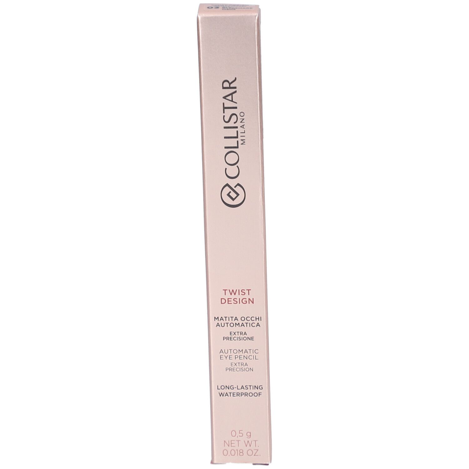 Collistar Twist Design Crayon Yeux. Rosa Verpackung. Text: Twist Design, Matita Occhi Automatica, Automatic Eye Pencil, Long-lasting Waterproof.
