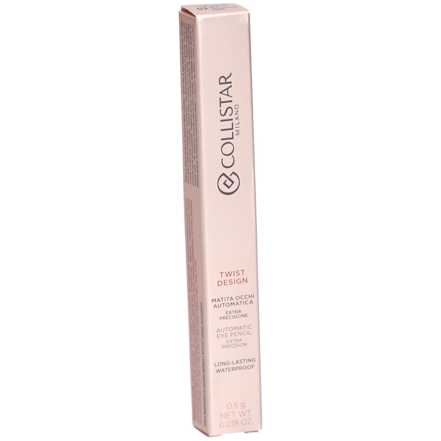 Collistar Twist Design Crayon Yeux. Rosa Verpackung. Text: Twist Design, Matita Occhi Automatica, Automatic Eye Pencil, Long-lasting Waterproof.