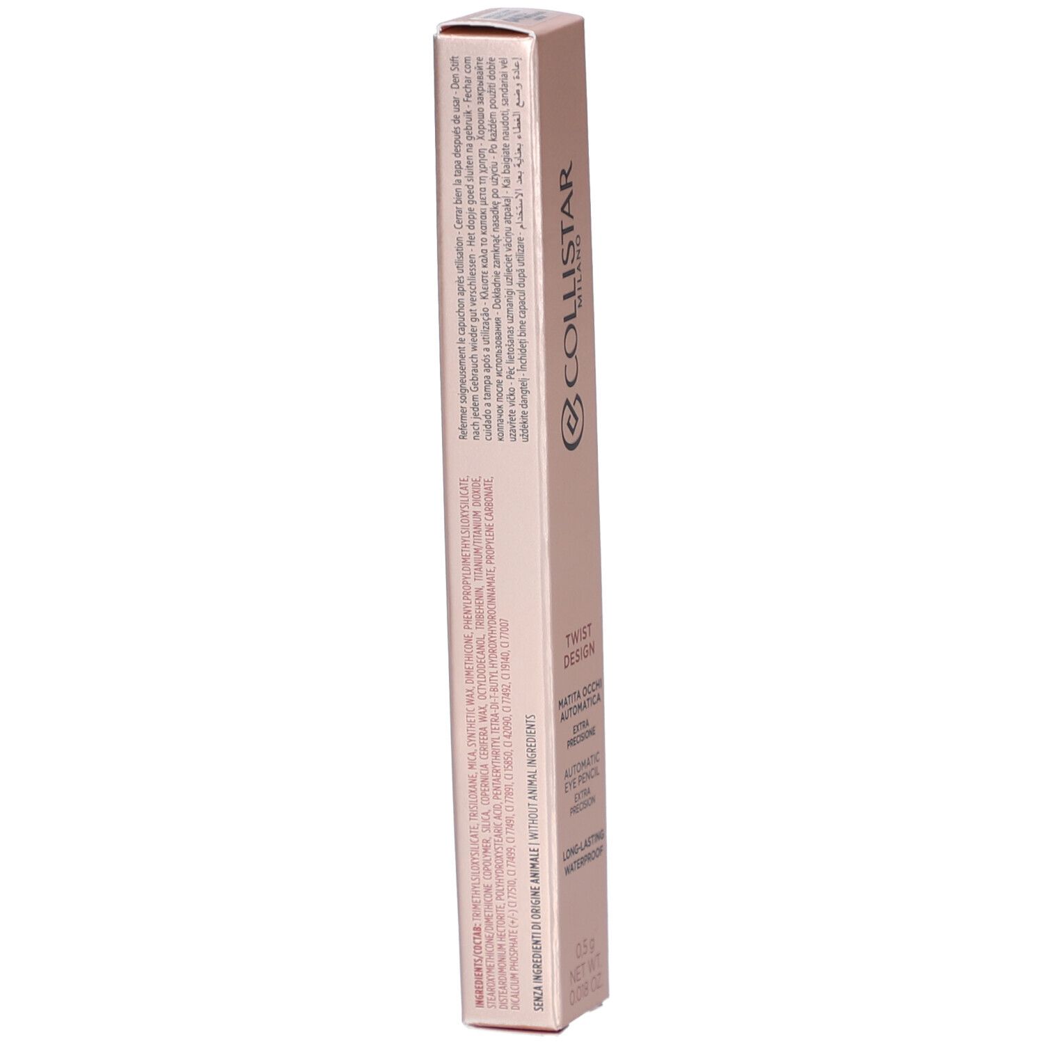 Collistar Twist Design Crayon Yeux 04 Imperial Violet Mat. Rosa Verpackung mit Text. Sichtbar: Produktbeschreibung, Inhaltsstoffe, Herstellerinformationen.