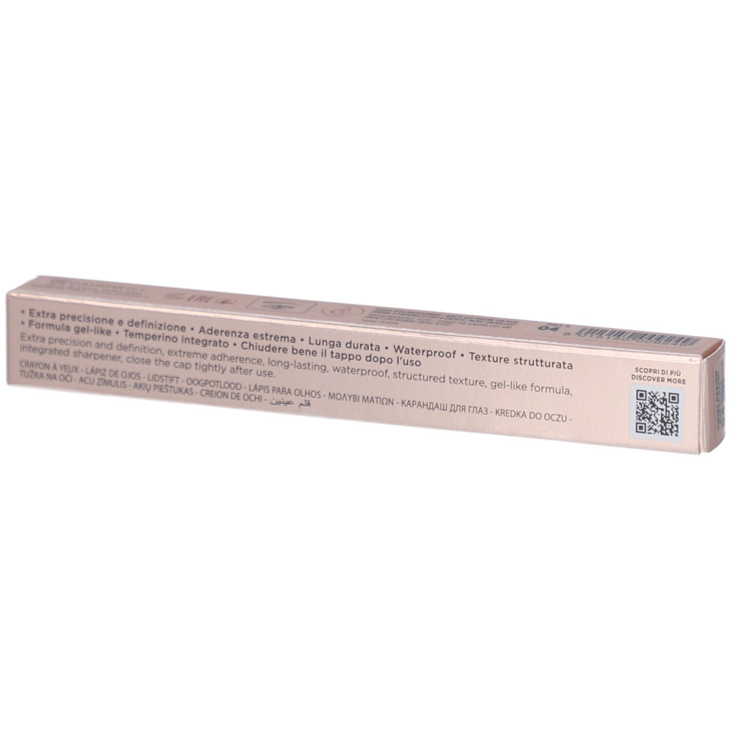 Collistar Twist Design Crayon Yeux 04 Imperial Violet Mat. Rosa Verpackung mit Text. Sichtbar: Produktmerkmale, QR-Code, Inhaltsstoffe.