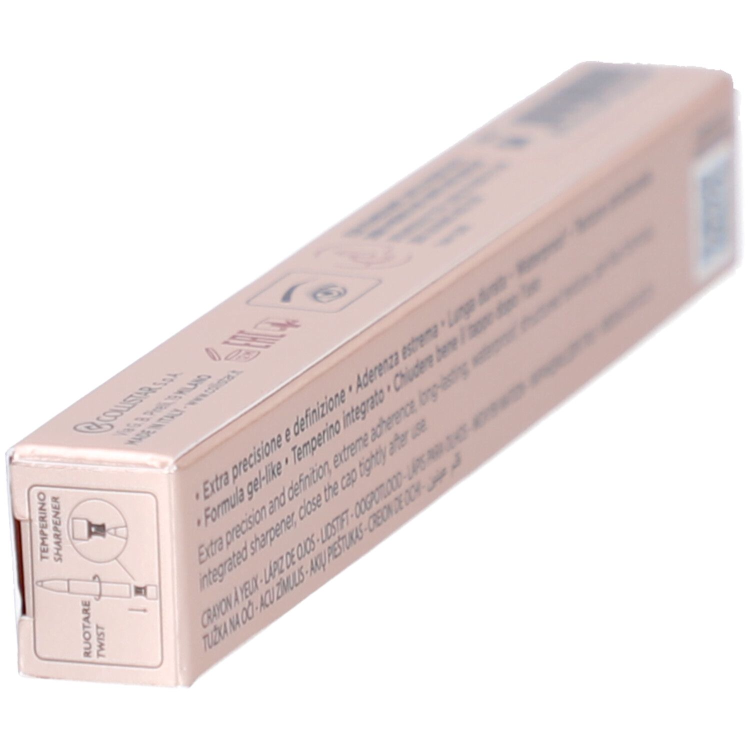 Collistar Twist Design Crayon Yeux 04 Imperial Violet Mat. Rosa Verpackung mit Text. Sichtbar: Produktmerkmale, integrierter Spitzer.