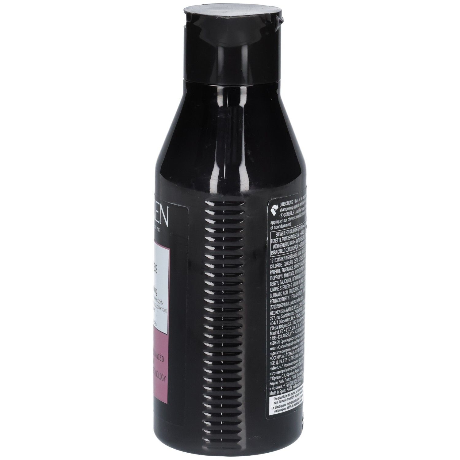 Schwarze Flasche, Seitenansicht. Aufschrift: acidic color gloss, pH 3.5-4.5. Herstellerinformationen.