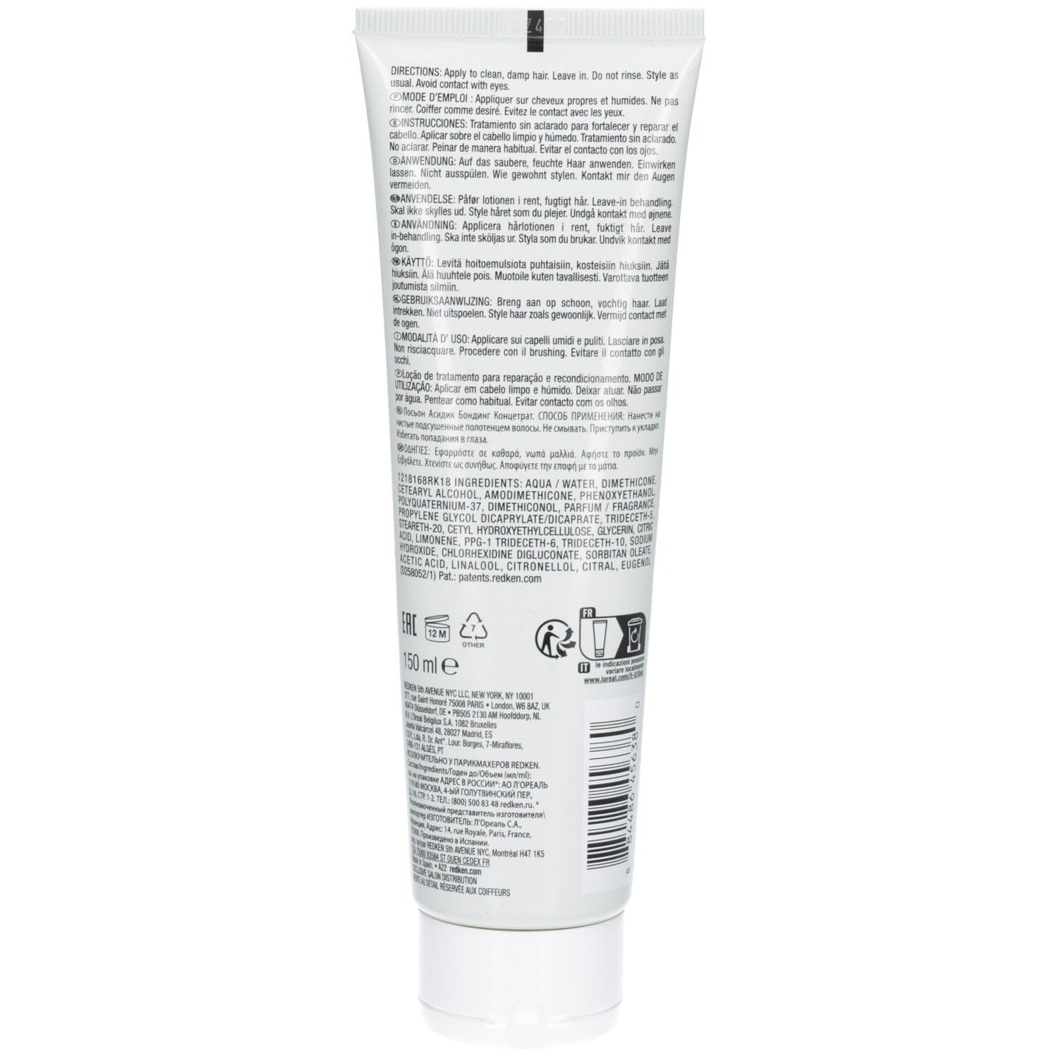 Weiße Tube mit schwarzen Textangaben und Symbolen. Enthält 150 ml.