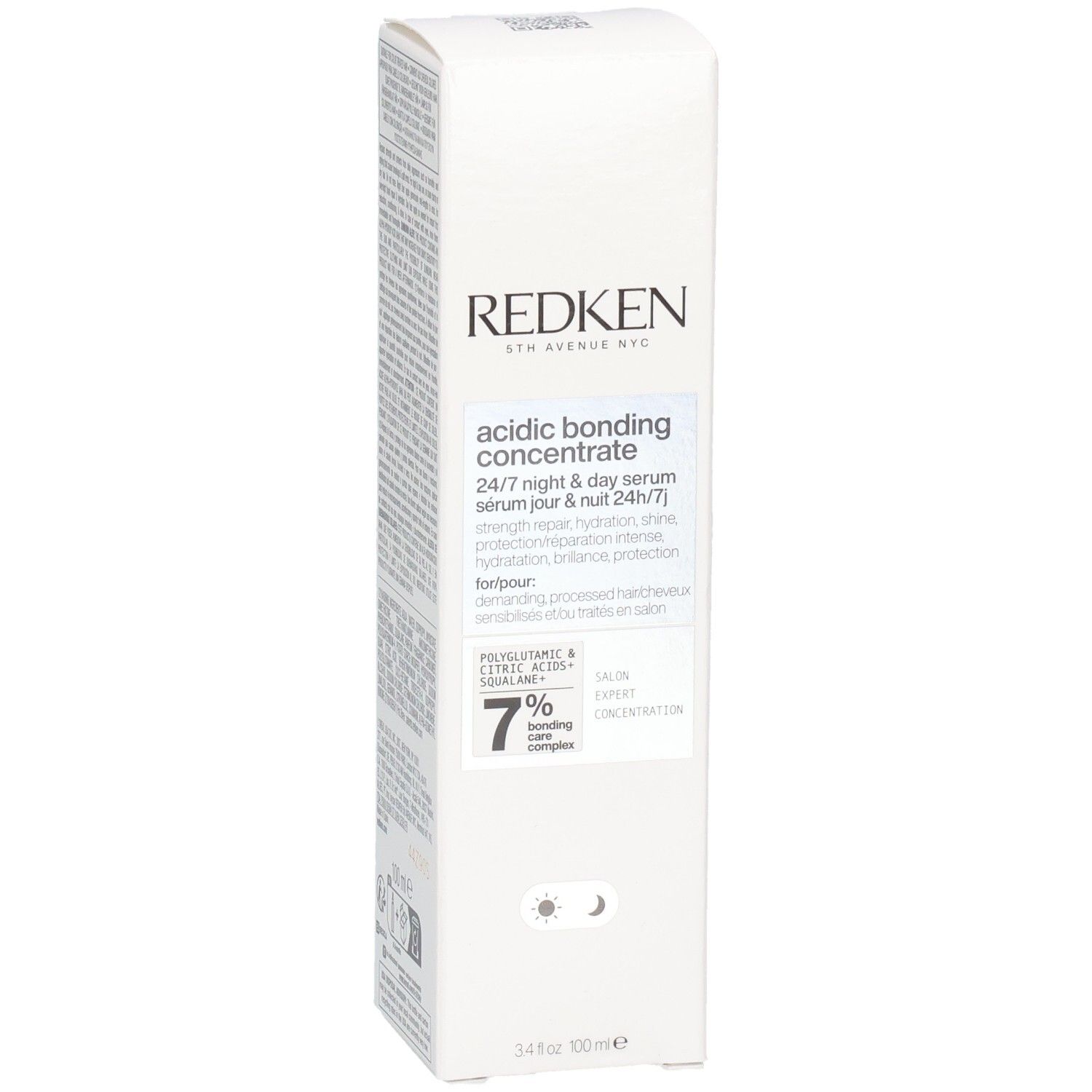 Redken Acidic Bonding Concentrate 24/7 Night & Day Serum Verpackung mit 7% Bonding Care Complex.