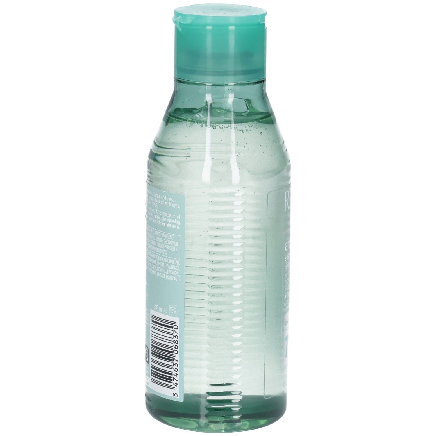 Klare Flüssigkeit in einer durchsichtigen Flasche mit türkisfarbenem Klappdeckel.