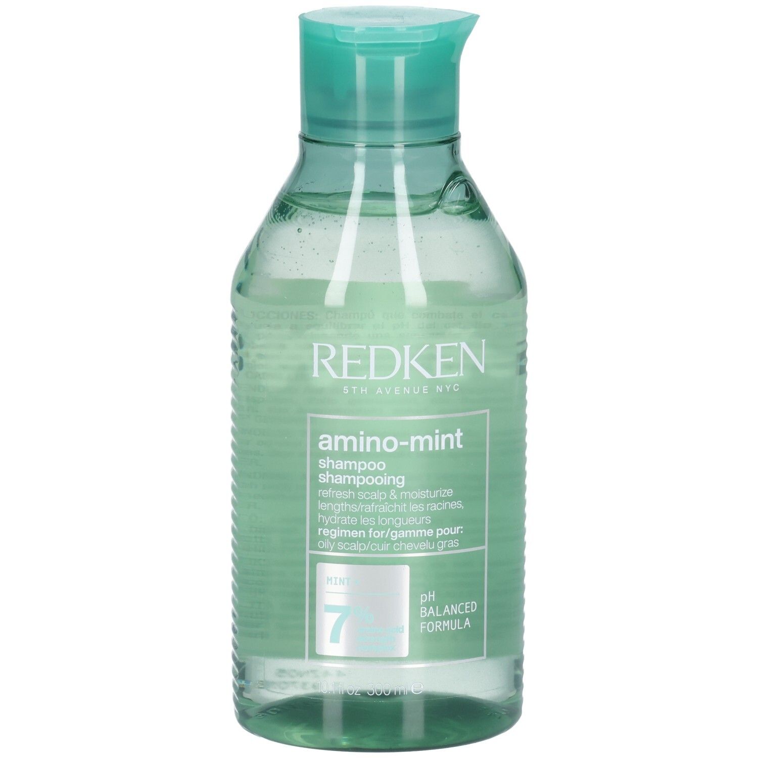 Redken Amino-Mint Shampoo, transparente Flasche mit türkisfarbenem Verschluss. pH 7, ausgewogene Formel.