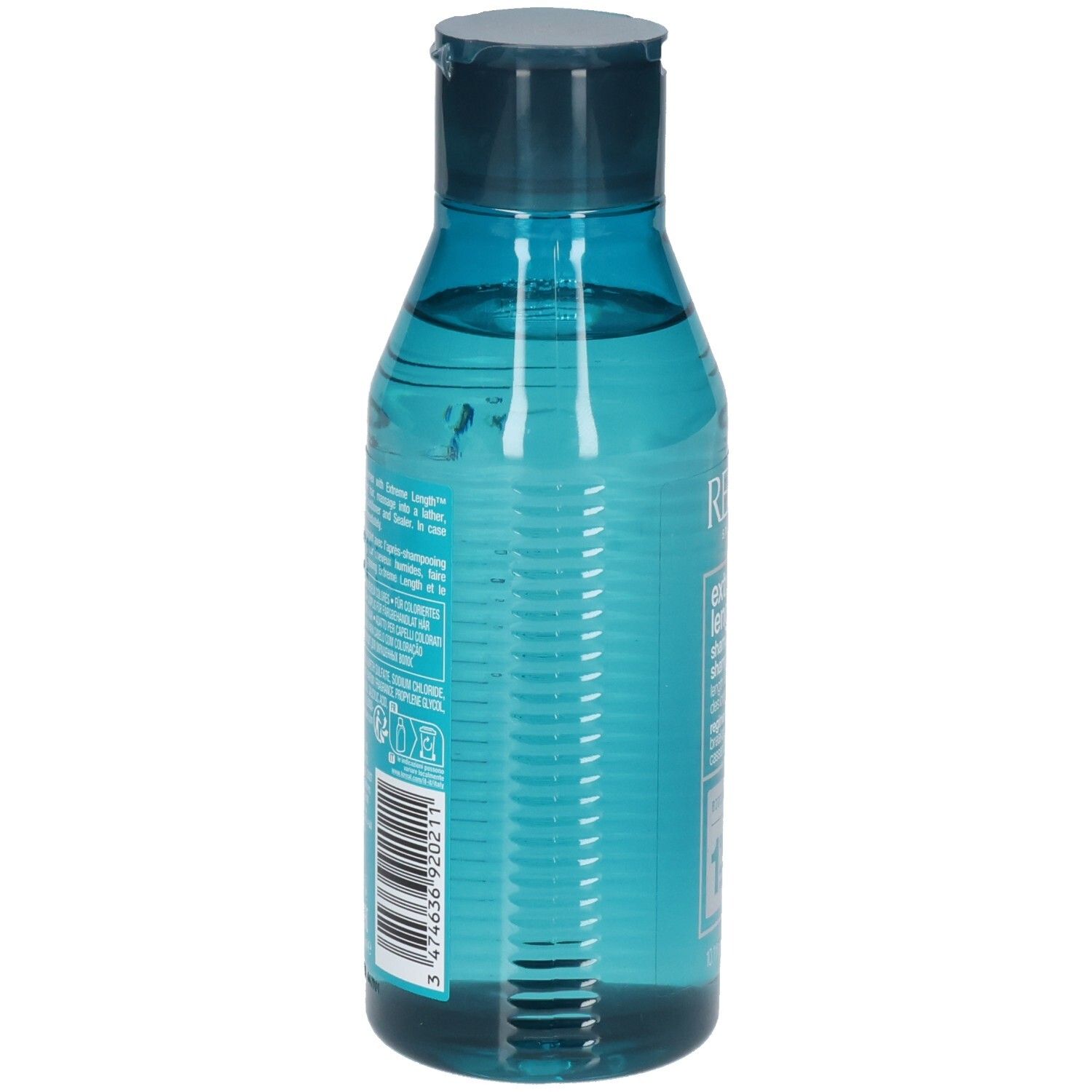 Blaue Flasche mit durchsichtigem Inhalt und Klappdeckel. Etikett mit Text und Barcode.