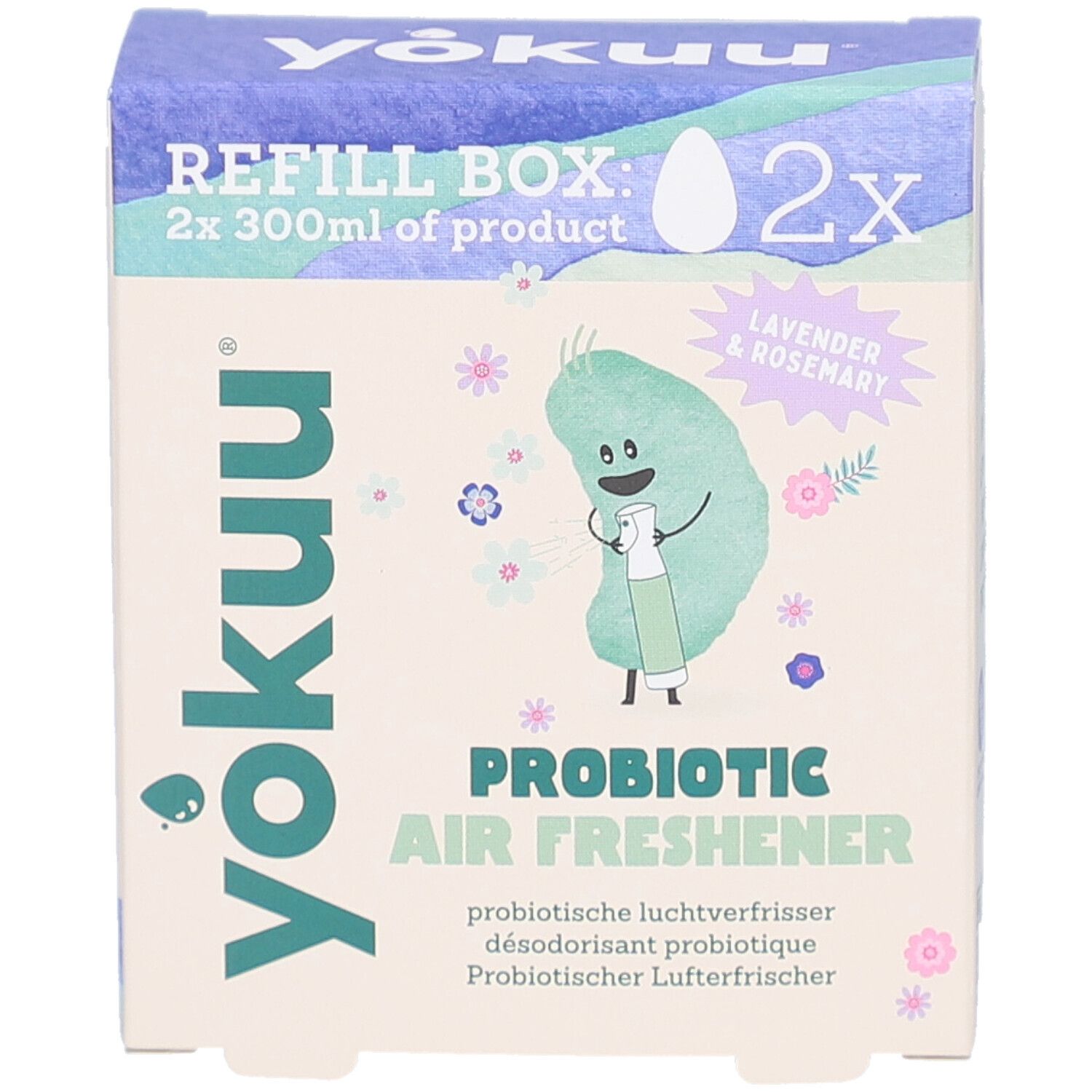 Yokuu Probiotic Air Freshener Box. Lavendel & Rosmarin. 2x 300ml Nachfüllpackung. Mit Illustrationen.