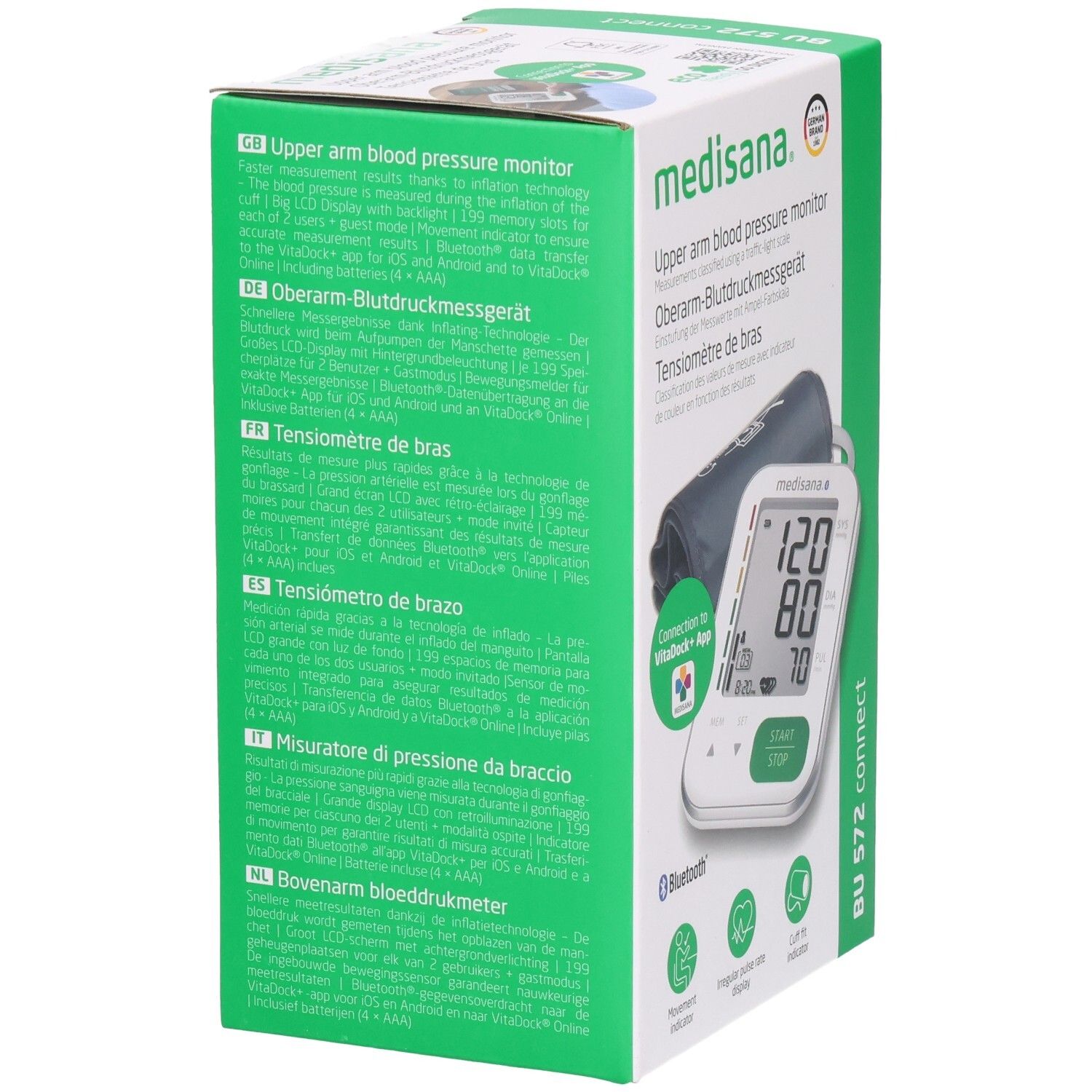 Verpackung des Blutdruckmessgeräts. Text in mehreren Sprachen. Gerät und Manschette abgebildet. Bluetooth-Logo.